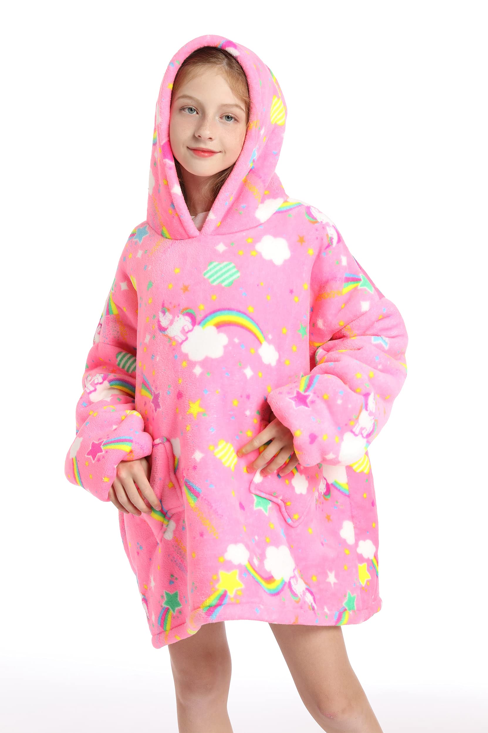 CHOBES Kids Hoodie Blanket - Oversized Wearable Blanket Sweatshirt for Boys & Girls with Pockets | Soft Warm Cozy Fleece Hooded Blanket | One Size Fits All (Pink/Rainbow) - Perfect for Sleepovers, Movie Nights & Winter Lounging