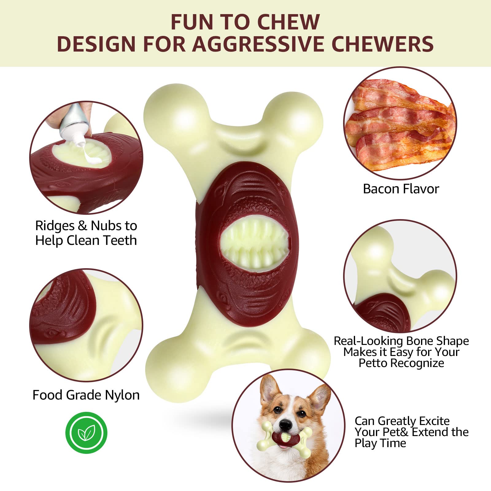 Durable Indestructible Dog Chew Toys for Aggressive Chewers - NOUGAT Interactive Bacon Flavor Dog Toy for Large & Small Breeds | Perfect for Playtime, Training & Anxiety Relief