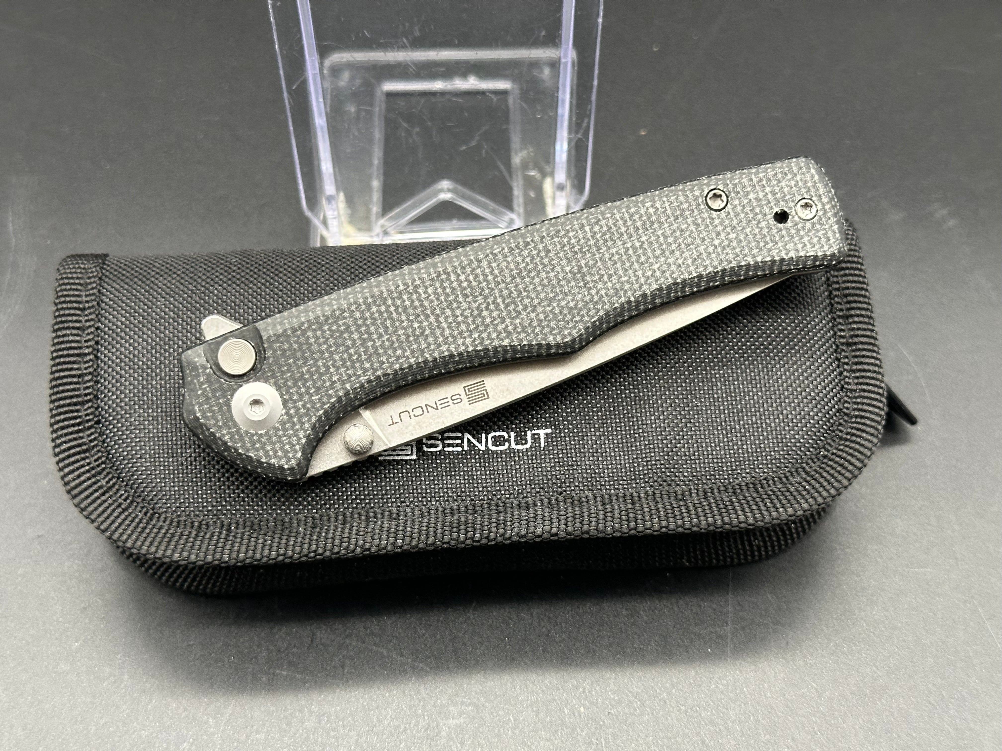 SENCUT Crowley Button Lock Pocket Knife - Black Micarta Handle, 3.48
