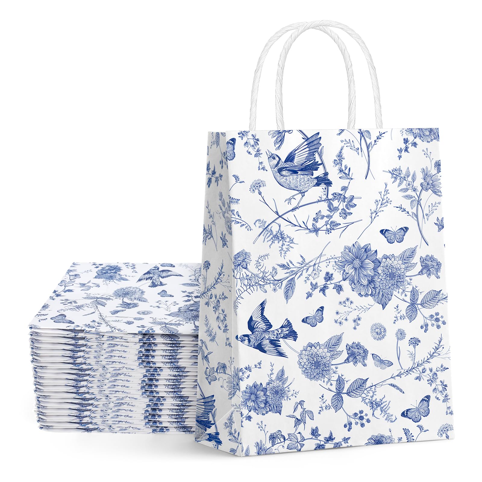 16Pcs Floral Gift Bags with Handles - Blue & White Chinoiserie Hydrangea Design for Wedding, Birthday Party Favors & Decorative Packaging | Elegant Party Supplies for Bridal Showers, Baby Showers & Special Events