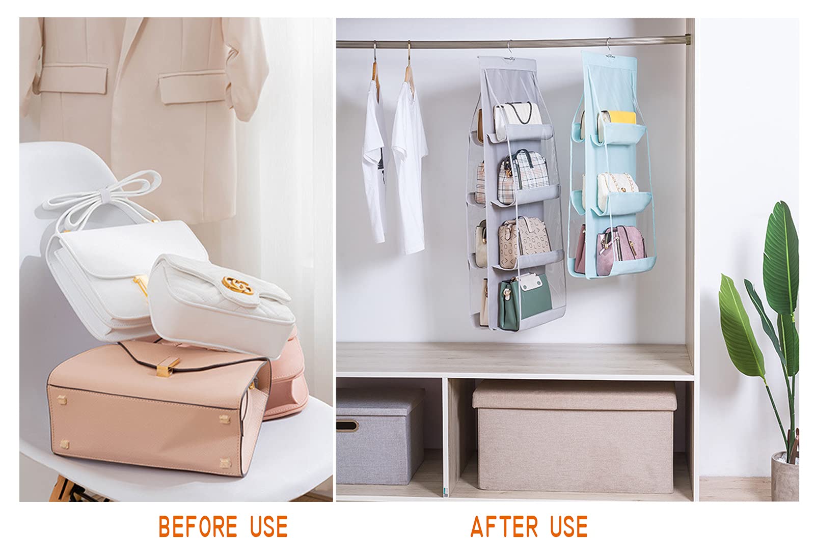 MURRI&MURRDI 2-Pack Hanging Handbag Organizer for Closet - 8 Clear PVC Pockets Purse Storage Holder - Space Saving Wardrobe Organizer (Gray) - Perfect for Handbag, Wallet & Accessory Storage in Bedroom or Walk-in Closet