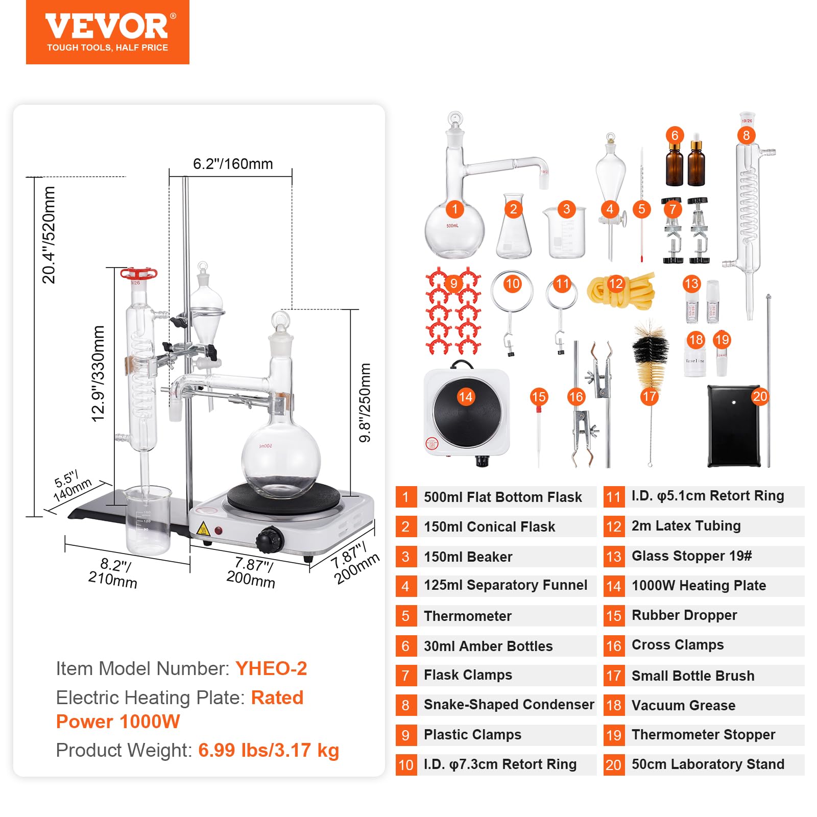 VEVOR 500ml Essential Oil Distillation Kit - 3.3 Boro Lab Glassware Set with 1000W Heating Plate & 24/40 Joint (33pcs) for Aromatherapy, Herbal Extracts & DIY Essential Oils at Home