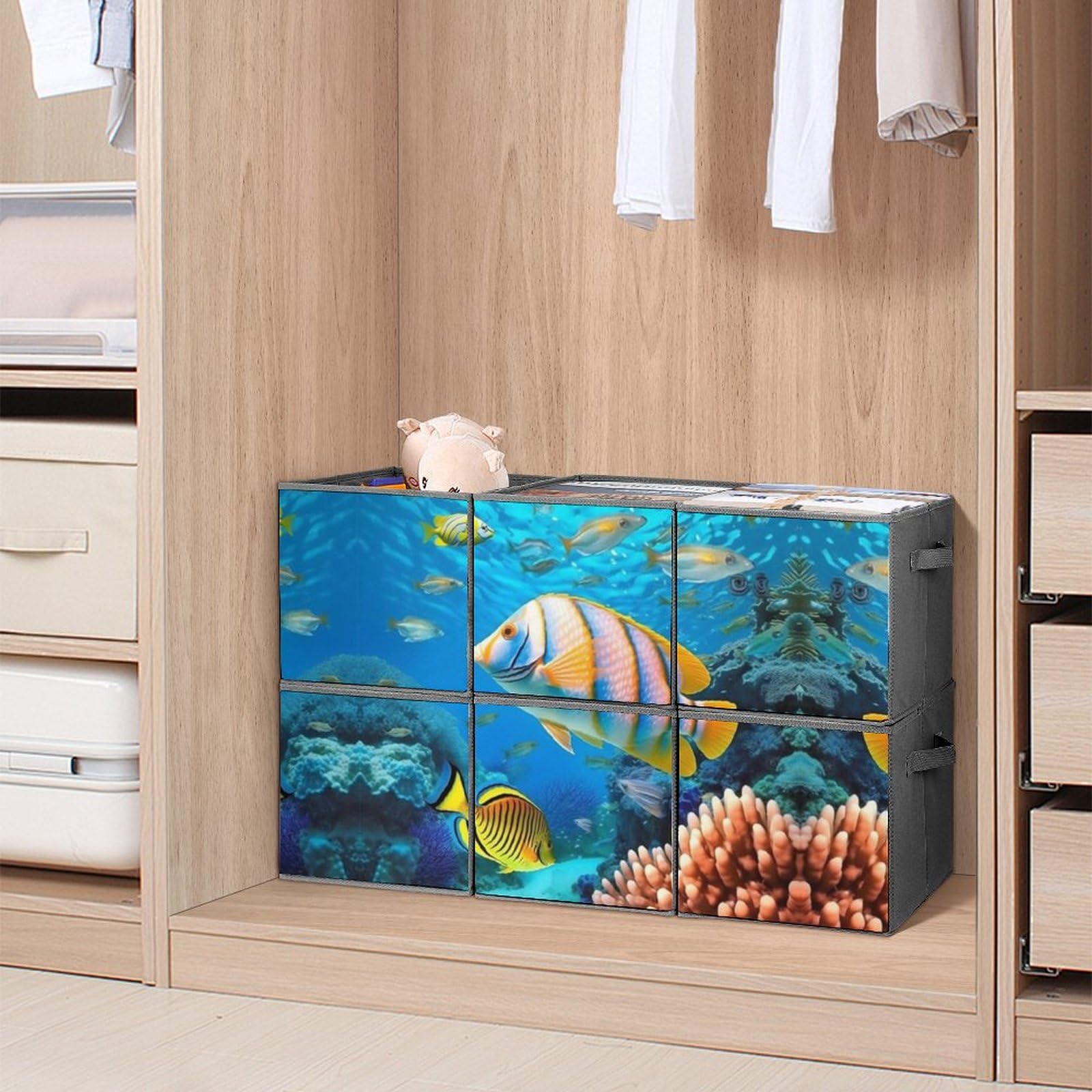 6-Pack Collapsible Storage Baskets with Handles - Large Closet Organizer for Clothes, Toys & Home Organization | Durable Fish-Themed Storage Bins for Bedroom, Bathroom & Kids Room