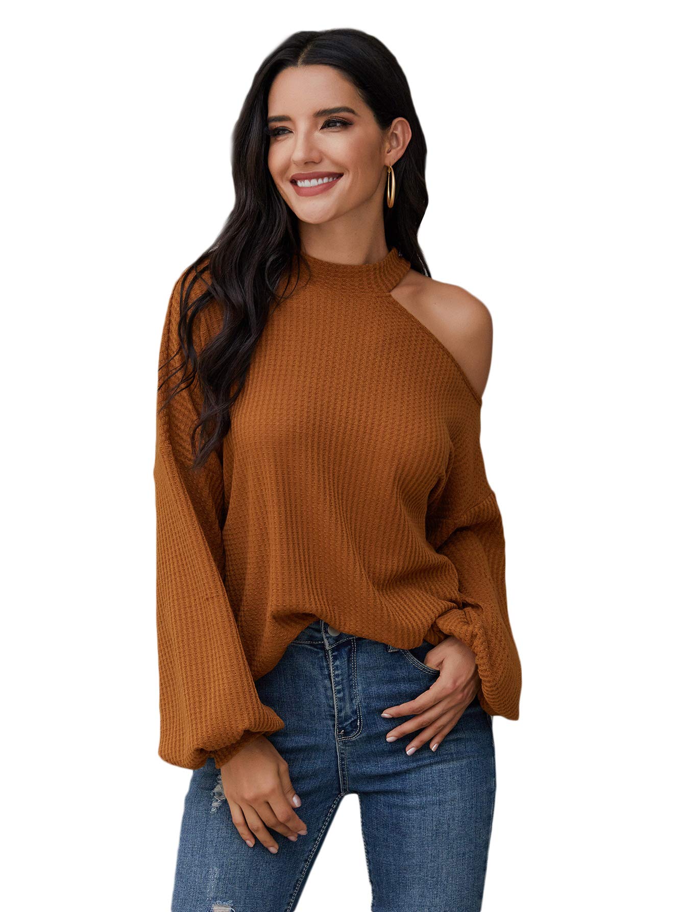 Romwe Women's Waffle Knit Tunic Top - Cold Shoulder Long Sleeve Loose Blouse for Casual Wear, Office & Date Night Outfits | Trendy Fall Winter Fashion Shirt