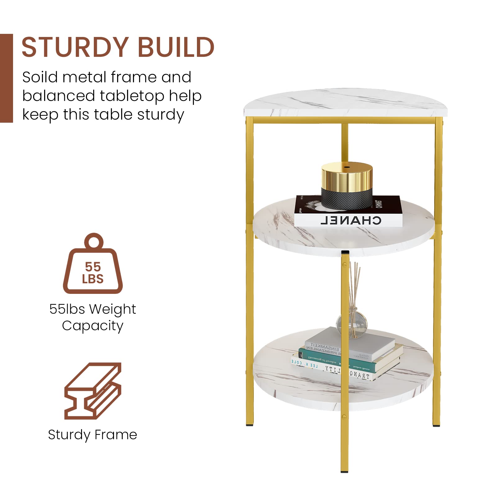 AWQM 3-Tier Marble End Table with Metal Frame - Small Round Side Table for Sofa, Coffee Table & Bedside - White & Gold Accent - Perfect for Living Room, Bedroom & Corner Spaces