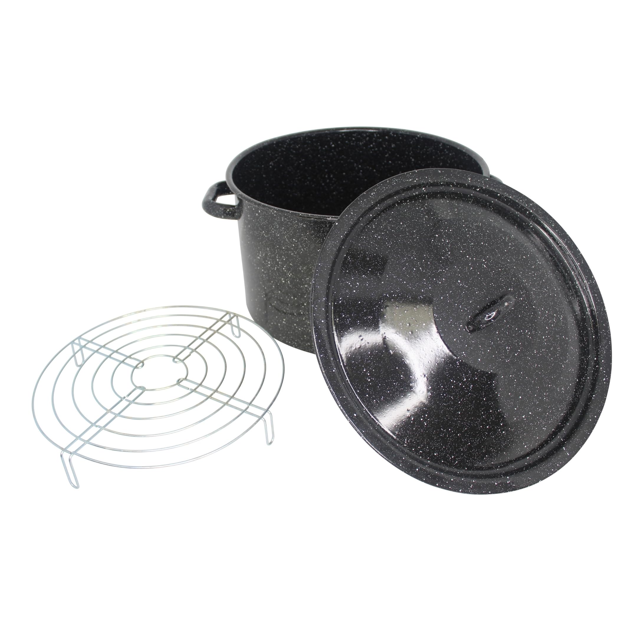 MIRRO 21 Quart Enamel Stock Pot with Lid and Steamer Rack - Large Black Dutch Oven for Soups, Stews, Canning & Home Cooking