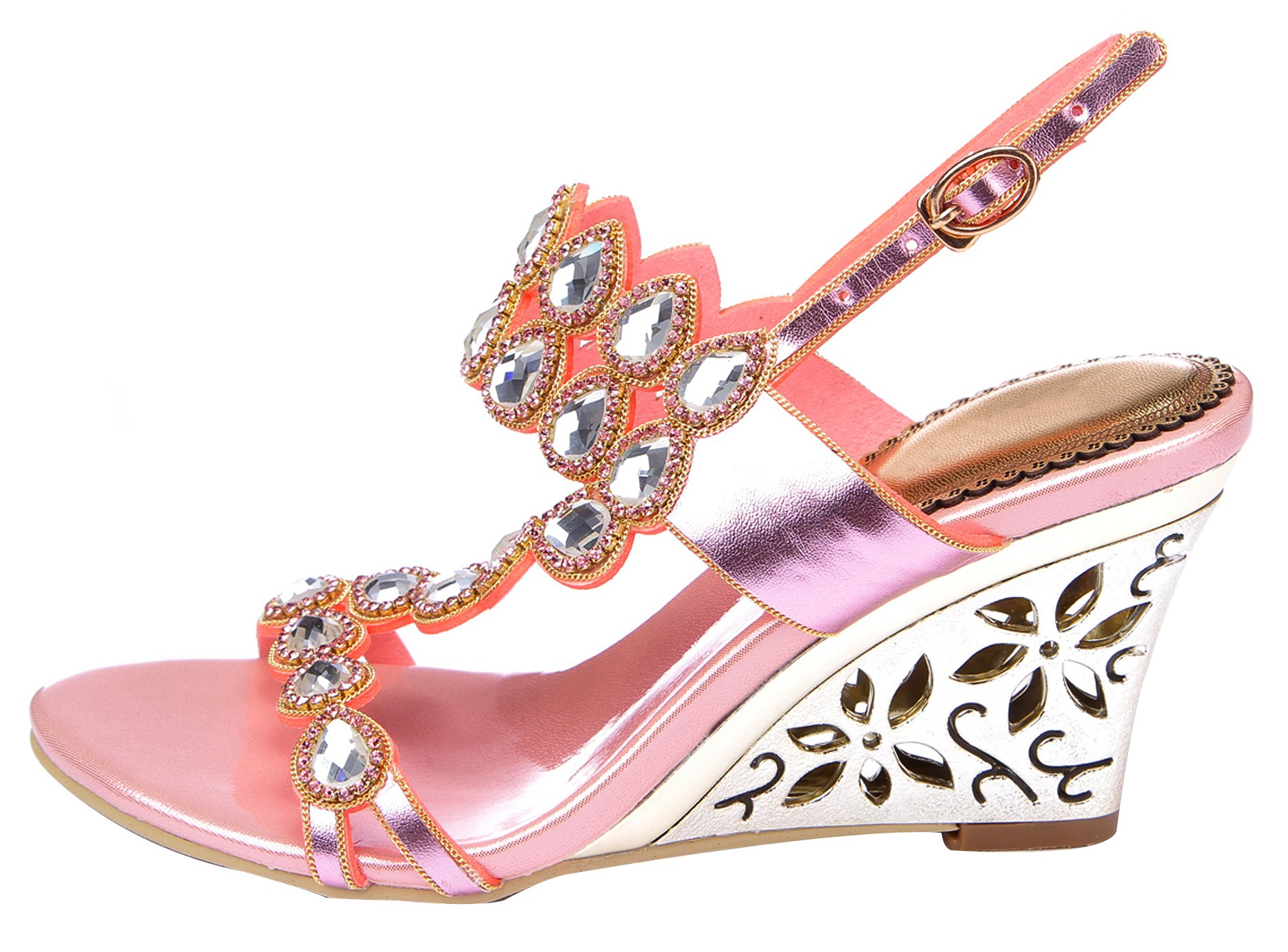Honeystore Women's Rhinestone Strappy Wedge Sandals with Water Pattern - Comfortable Summer Beach Shoes for Outdoor Walking, Vacation & Party Wear