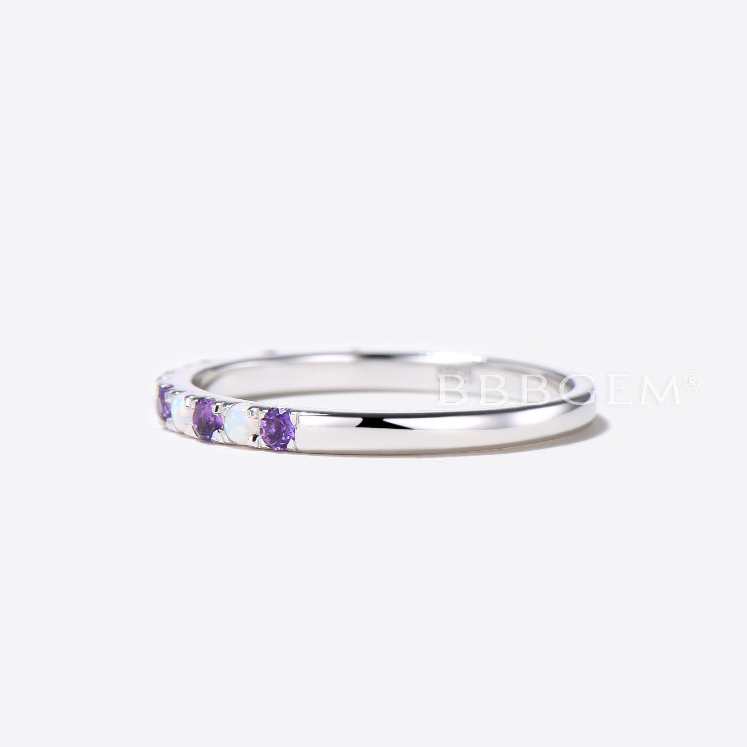 Opal Amethyst Wedding Band Ring - Half Eternity Stackable Ring for Women - 925 Sterling Silver Anniversary Gift for Her - Perfect for Bridal Jewelry, Stacking Rings & Special Occasions