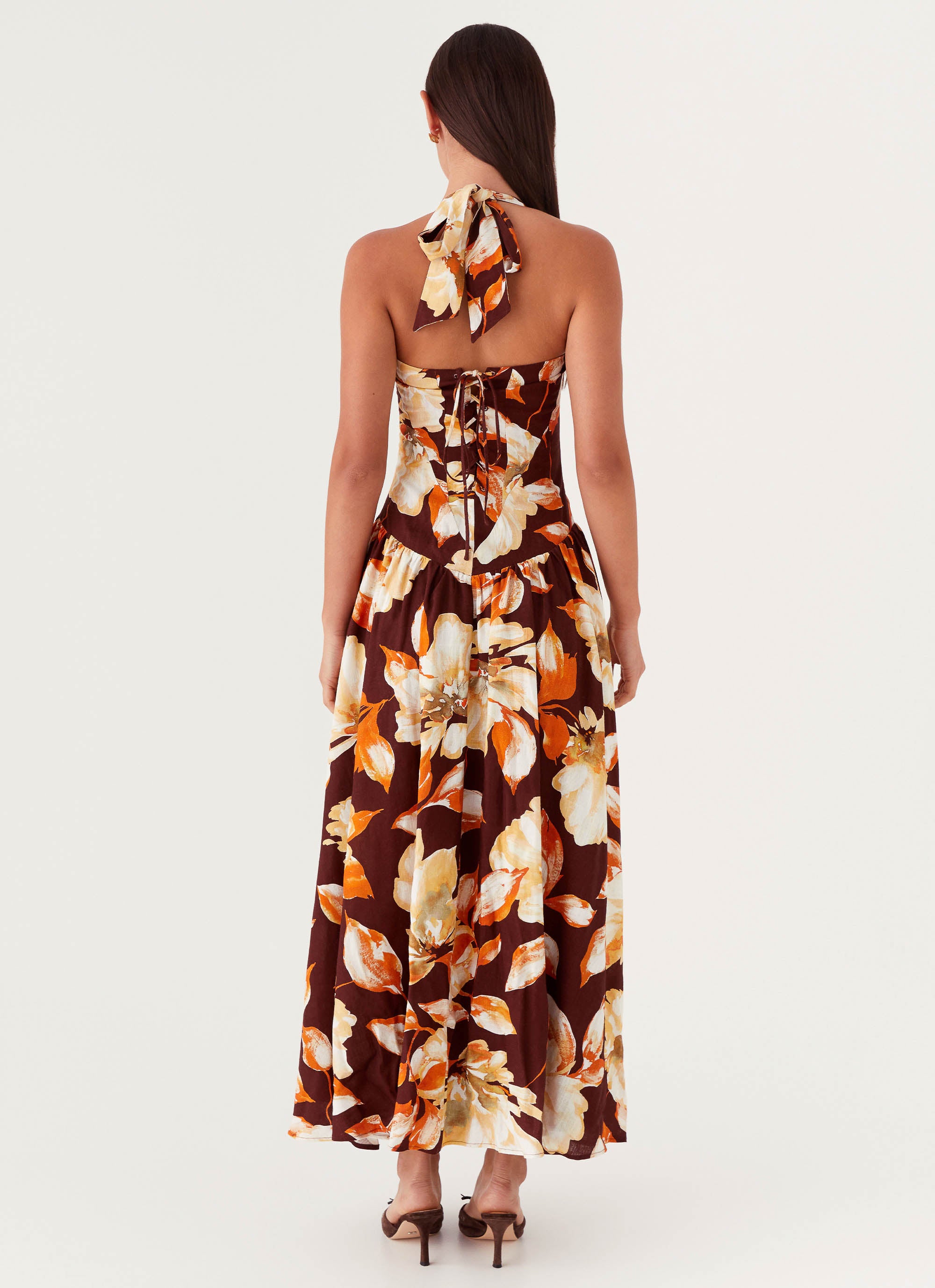 Dahlia Linen Maxi Dress - Brown Floral Print Summer Dress for Women | Boho Chic Beach Dress, Casual Sundress for Vacation & Outdoor Events
