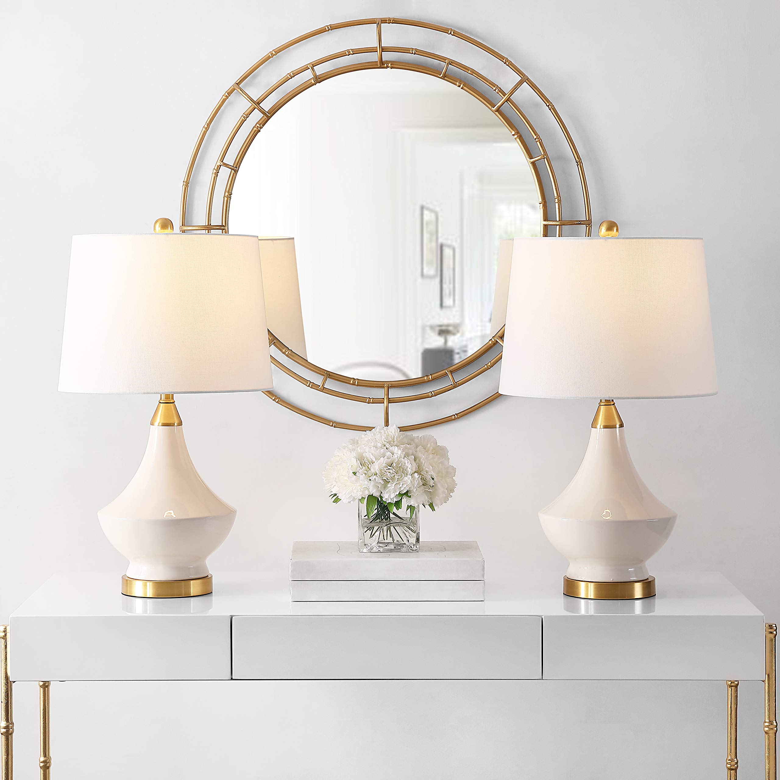 SAFAVIEH Marlowe Modern White Glass 25-inch Table Lamp Set of 2 with LED Bulbs - Bedroom Nightstand, Living Room, Home Office Lighting for Cozy Ambiance and Stylish Decor
