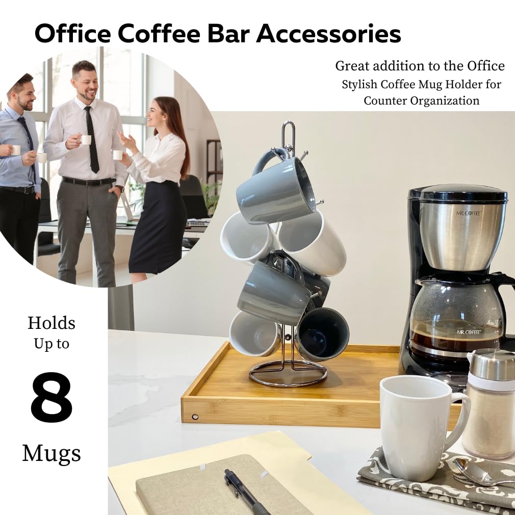 Evelots Coffee Cup Holder for Kitchen Countertop - Sturdy Rust-Free Steel Tree Hooks Holds 8 Large Mugs - Tea Cup Storage Rack with Chrome Finish - Coffee Bar Display Stand (One Piece) - Perfect for Kitchen Organization & Coffee Shop Decor