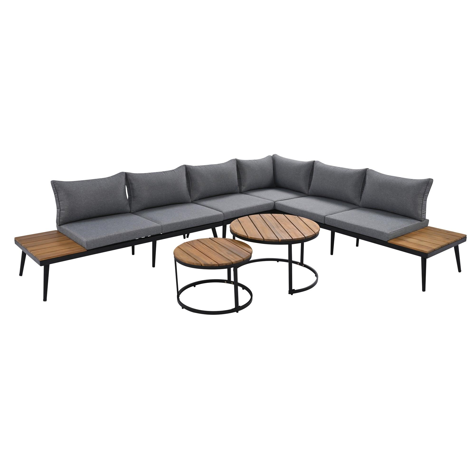 6-Piece Outdoor Sectional Sofa Set with Round Nesting Coffee Tables & Cushioned Seating - Patio, Porch, Garden Furniture for Backyard, Poolside & Outdoor Living Spaces