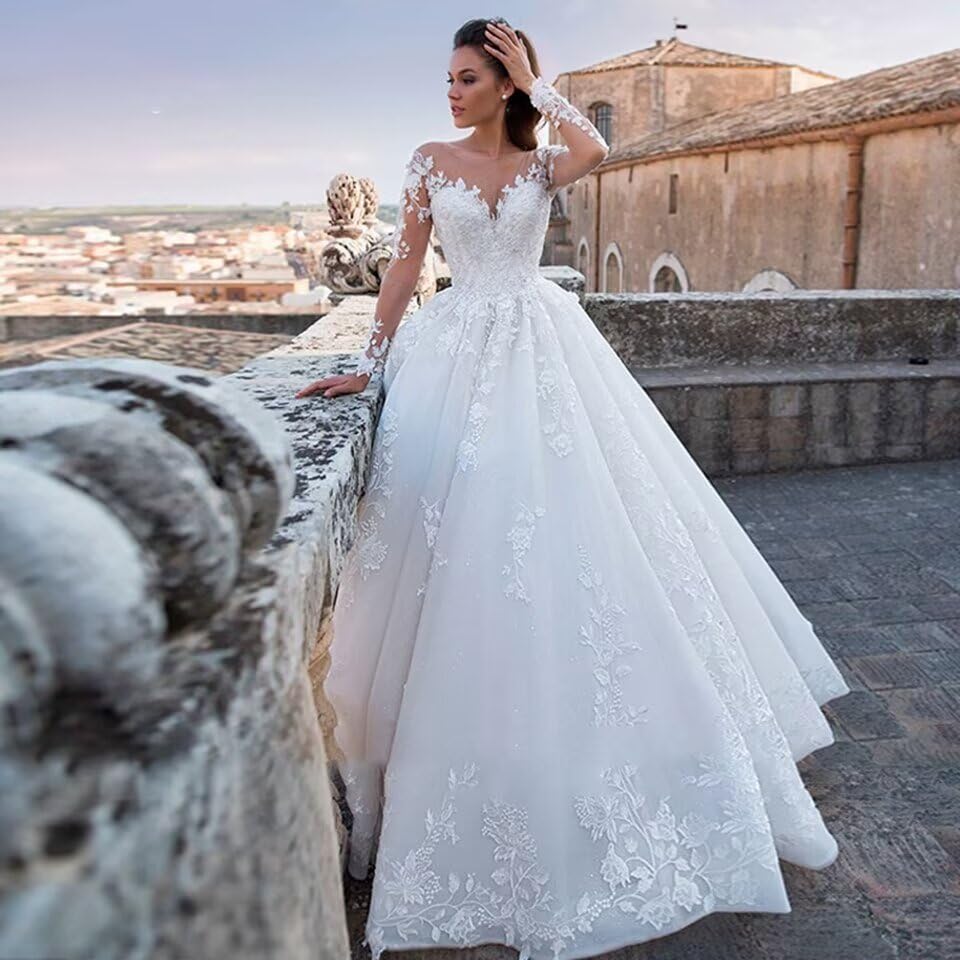 SYYS 2025 Lace Wedding Dress for Bride - Long V Neck Ball Gown with Elegant Embroidery | Perfect for Church Ceremony, Beach Wedding & Formal Reception (SYYS26-D)