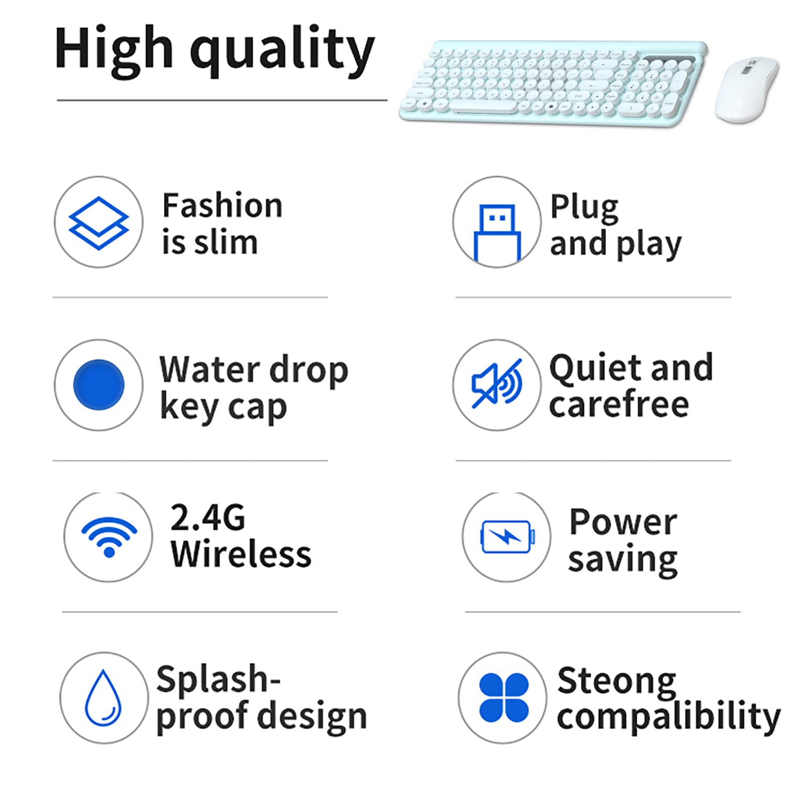 Wireless Keyboard and Mouse Combo - 2.4G Ultra Thin Ergonomic Cordless Keyboard with USB Optical Mouse for PC, Laptop, Notebook - Punk Style Light Green - Perfect for Office Work, Gaming & Home Computing
