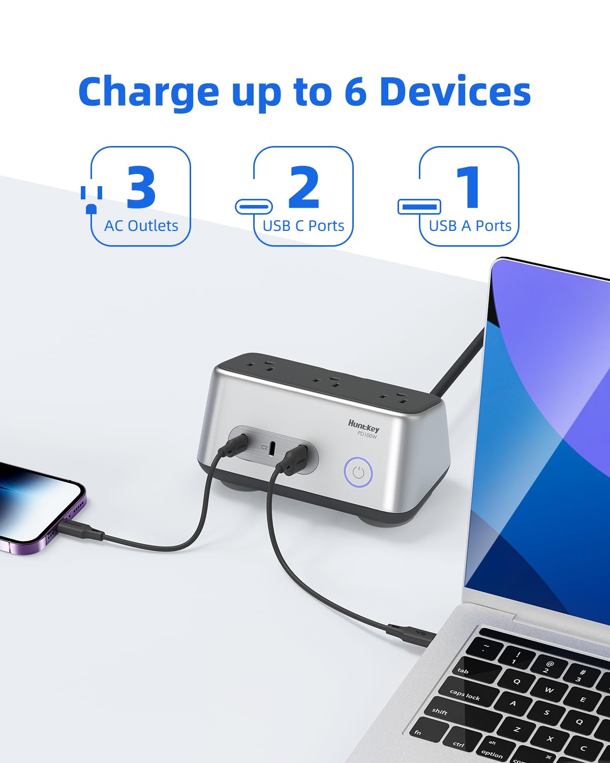 Huntkey 100W USB C Desktop Charging Station with 3 AC Outlets & 3 USB Ports (1A+2C), 45° Angle Power Strip with 5ft Cord - Fast Charger for Home Office, Dorm Room, Travel (Grey) | Multi-Device Charging Hub for Laptop, Phone, Tablet & More