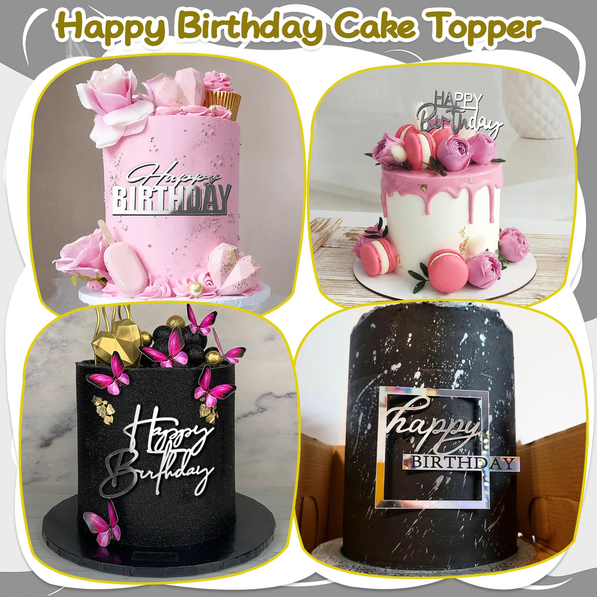 15 PCS Silver Happy Birthday Cake Toppers - Mirror Acrylic Cake Decorations for Birthday Party, Wedding, Anniversary - Cupcake Toppers & Cake Inserts (15 Styles) - Perfect for Desserts, Cakes, and Special Celebrations