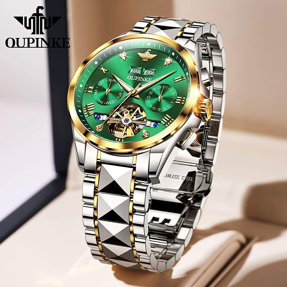 OUPINKE Men's Automatic Skeleton Watch - Self-Winding Mechanical Watch with Sapphire Crystal, 50M Waterproof & Tungsten Steel Case - Perfect for Business, Formal Events & Everyday Wear