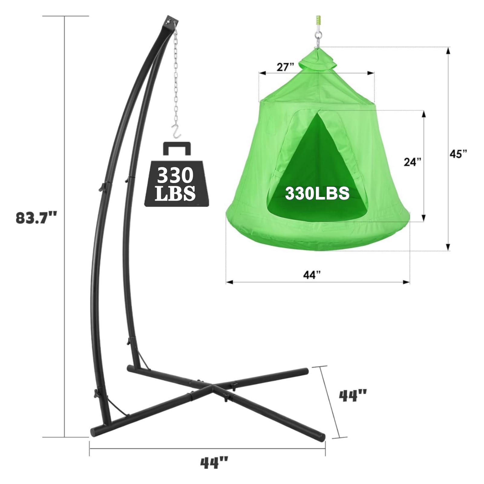 X-Shaped Hanging Tree Tent with Swing Chair - Heavy Duty 330lb Capacity Steel Frame Hammock Stand for Indoor & Outdoor Use - Perfect for Bedroom, Porch, Balcony, Garden, and Patio Relaxation (Green)