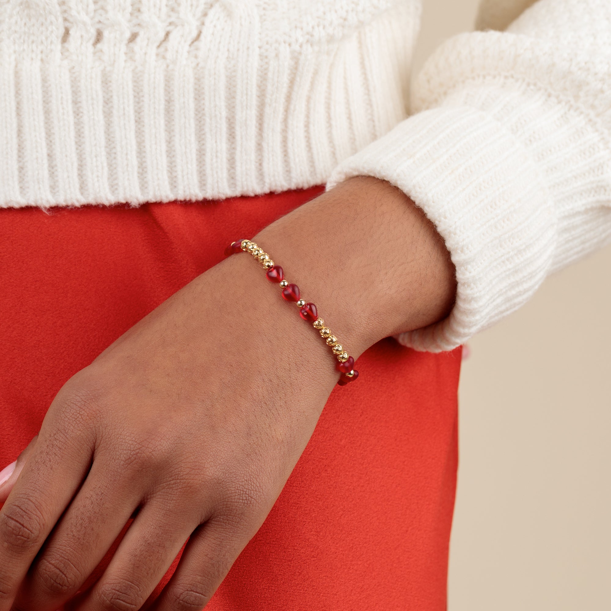 Red Crystal Heart Stretch Bracelet for Women - Adjustable Beaded Elastic Wristband - Perfect for Valentine's Day, Anniversary & Romantic Gifts