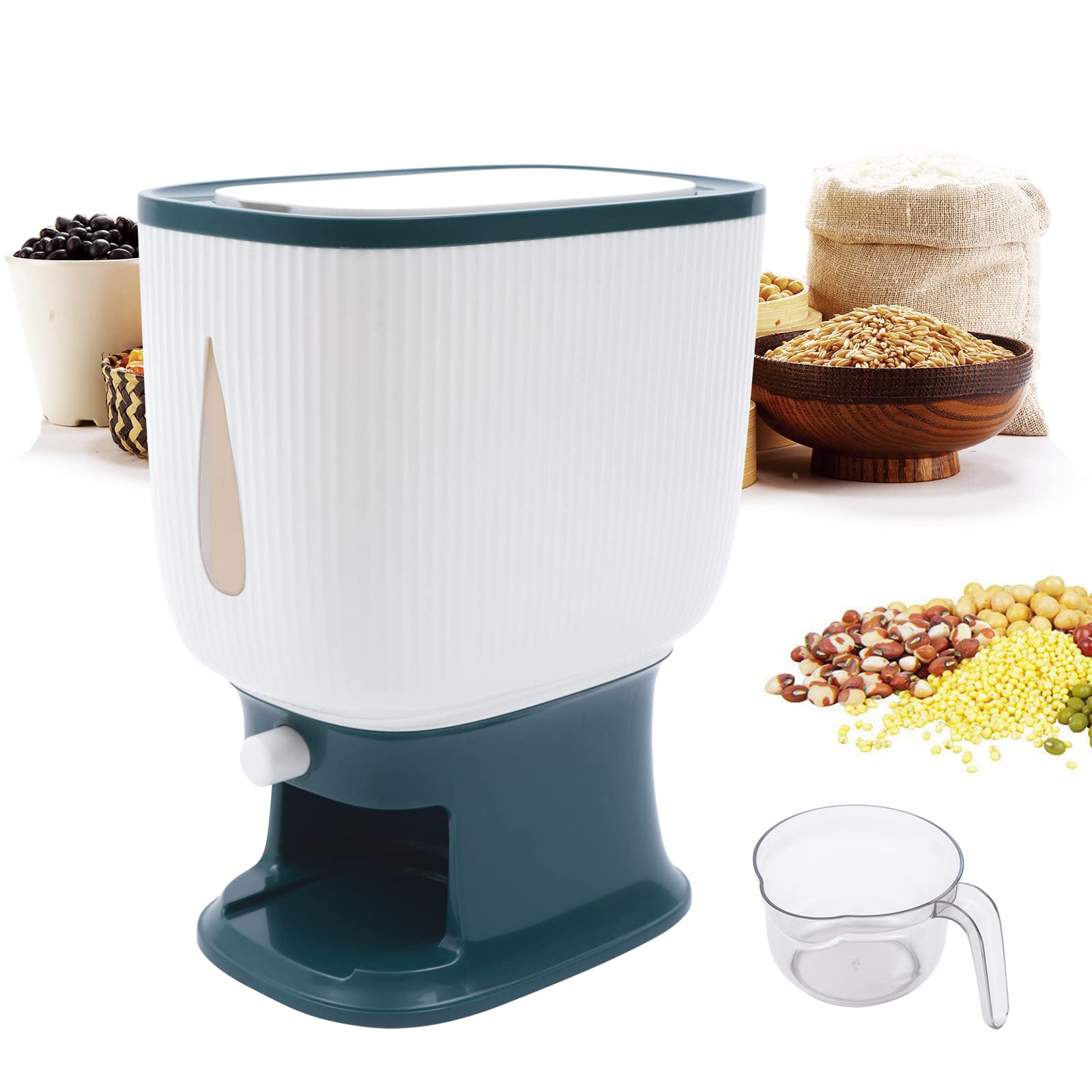 10kg/22lb Green Rice Storage Container with Measurable Cup - Airtight Cereal Dispenser Bin for Kitchen Countertop, Pantry Organization & Bulk Food Storage | Perfect for Rice, Flour, Sugar, Pasta & Dry Goods