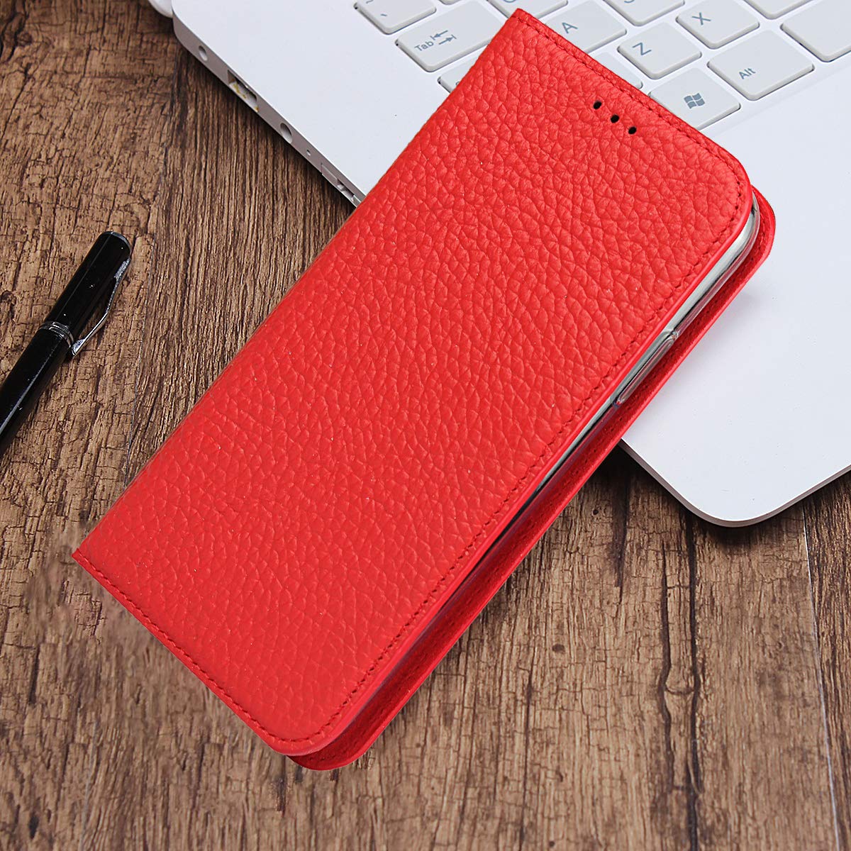 Genuine Leather iPhone 7 Plus/8 Plus Wallet Case with Magnetic Closure - Wrist Strap, Card Holder & Kickstand Feature | Flip Cover for Everyday Protection & Convenience (Red) | Perfect for Work, Travel & Daily Use
