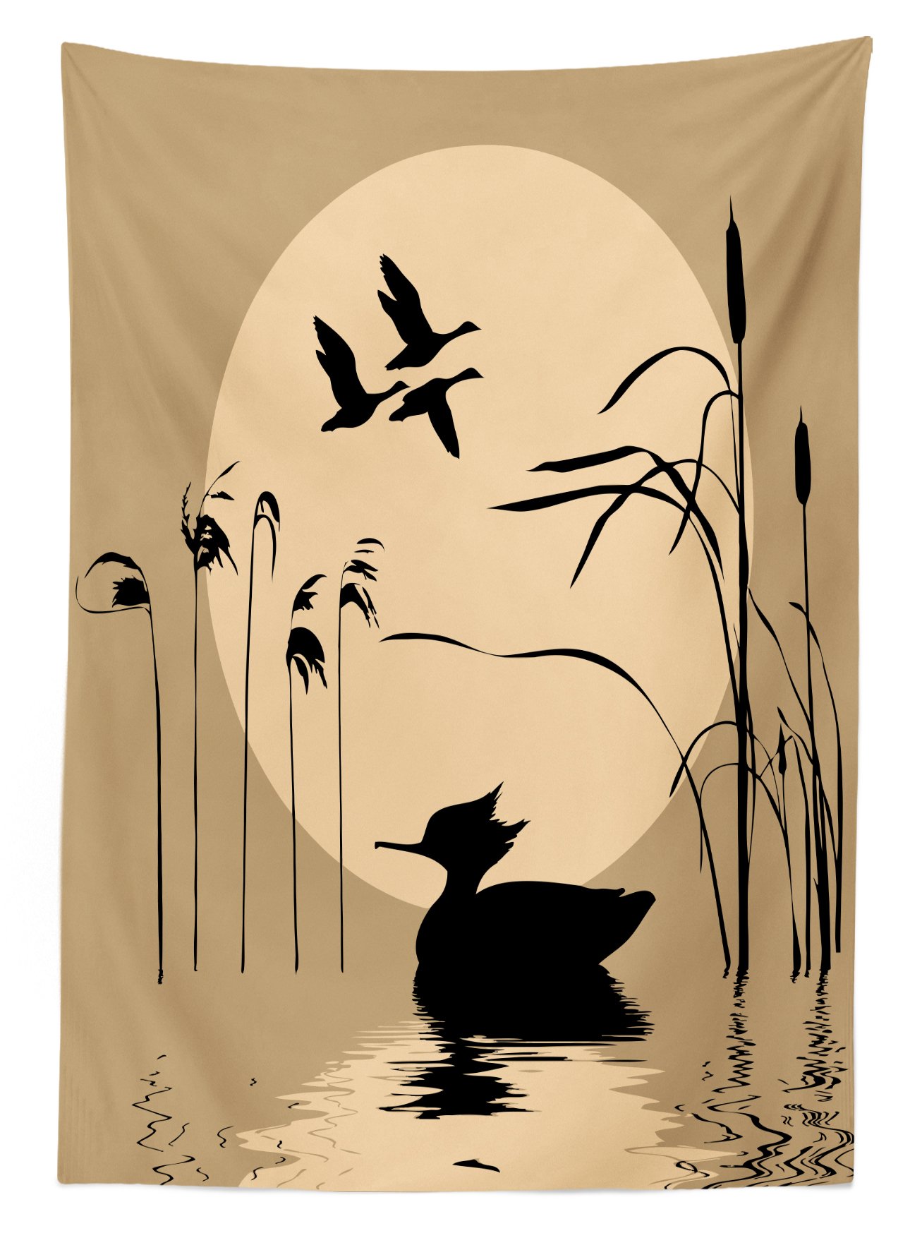 Lunarable Spring Outdoor Tablecloth - Goose & Bulrush Silhouette Lake Design with Full Moon, Washable Picnic Table Cover 58x120 Inches in Tan/Beige/Black | Perfect for Garden Parties, Picnics & Outdoor Dining Decor