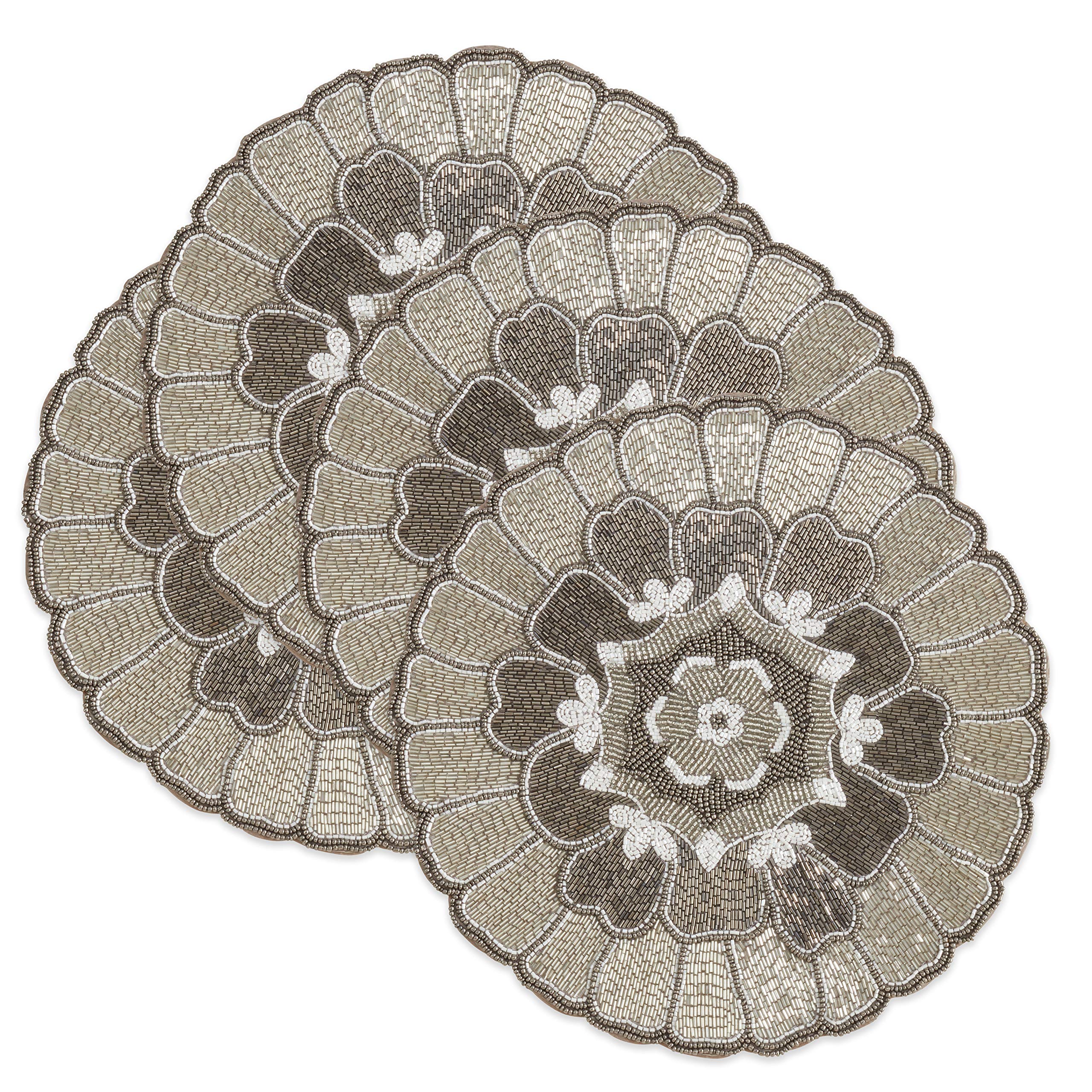 SARO LIFESTYLE Sophia Collection Floral Design Beaded Placemats Set of 4 - 14 Inch Silver Round Table Mats for Dining Table Decor, Wedding, Party & Home Decor