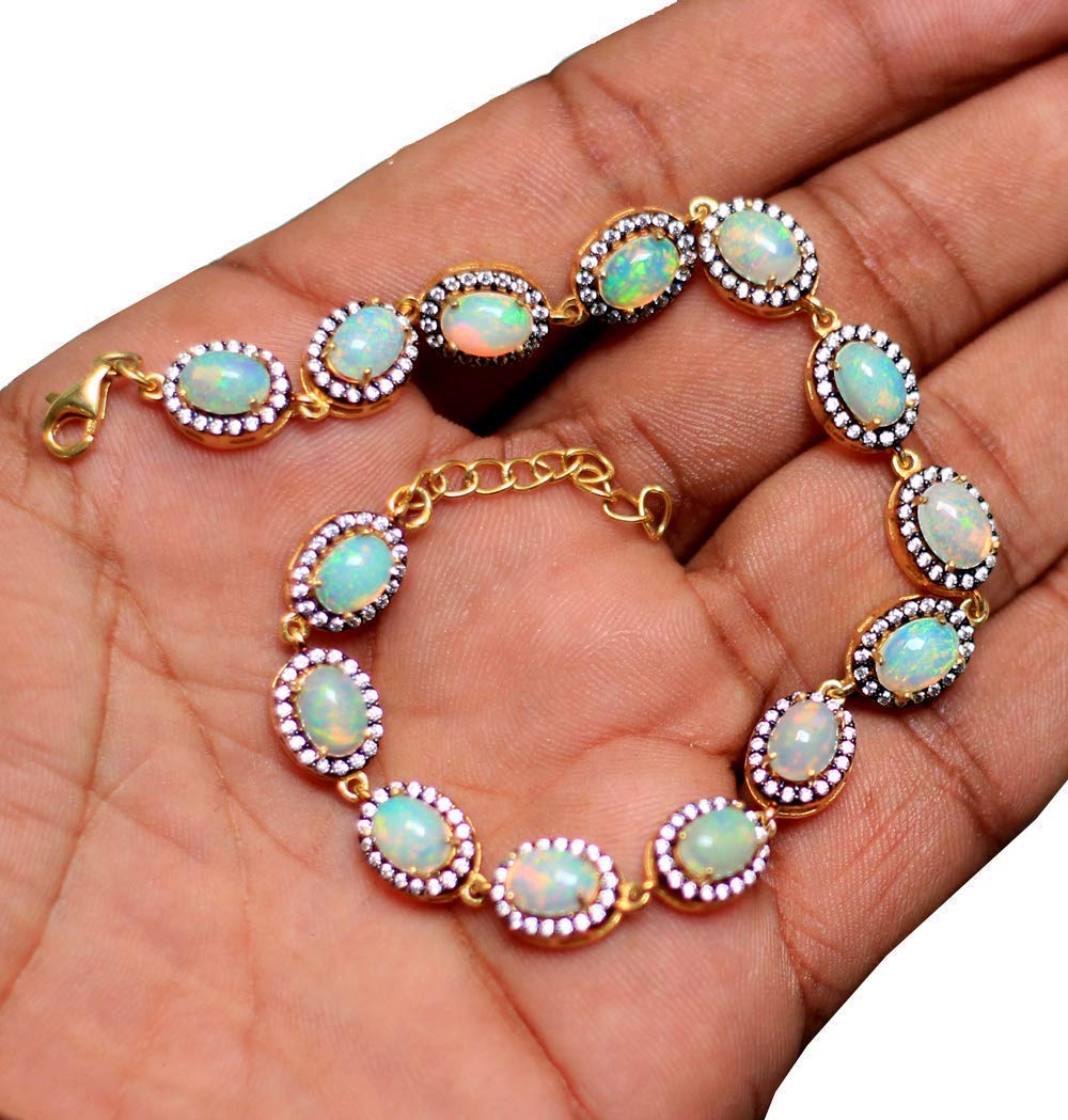 925 Sterling Silver Ethiopian Opal Bracelet with White CZ & Yellow Gold Plating | Elegant Jewelry for Women, Perfect for Parties, Weddings & Special Occasions