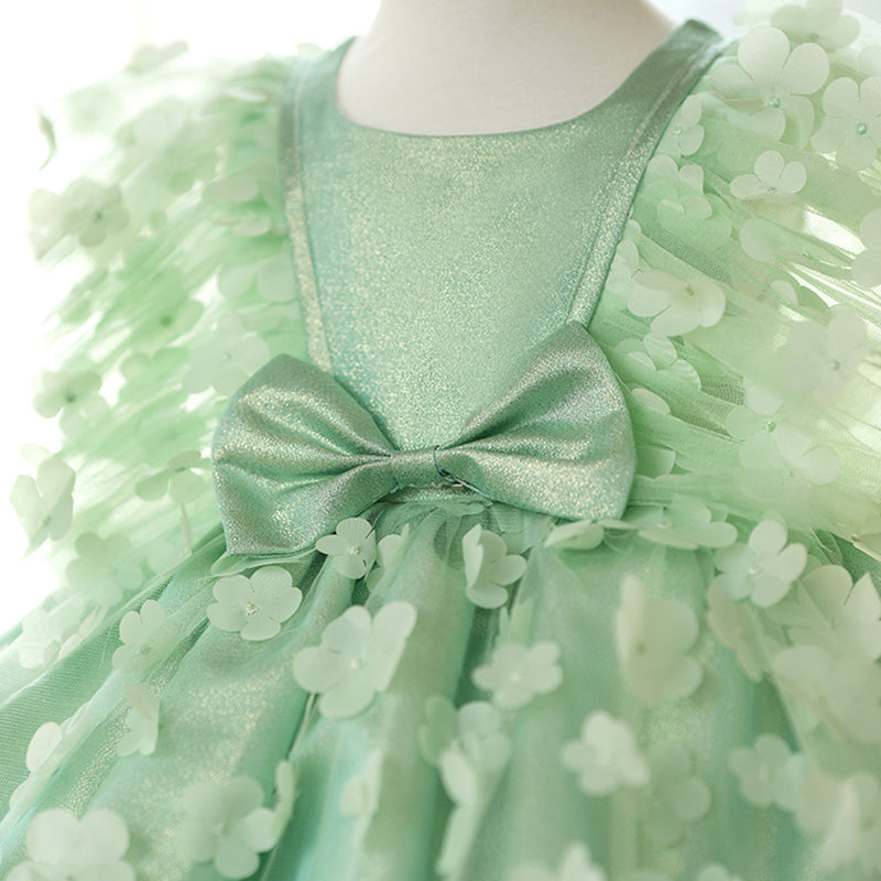 Elegant Baby Girls Green Floral Mesh Birthday Puff Dress - Toddler Princess Party Dress for 1-3 Years Old - Perfect for Birthday, Photo Shoots & Special Occasions