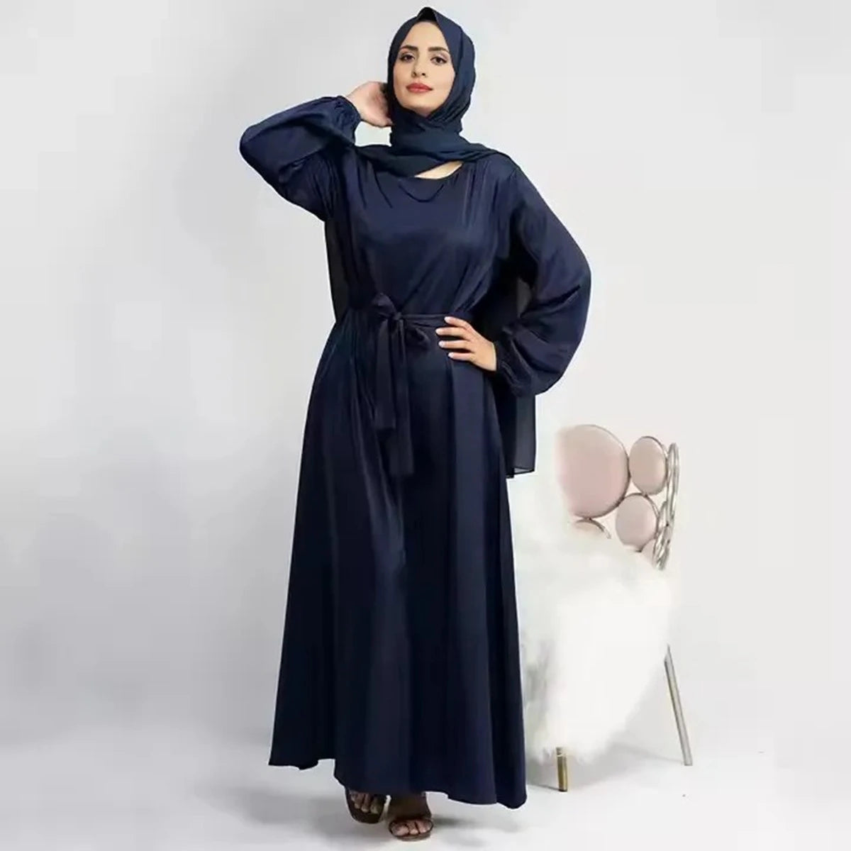 Elegant Middle Eastern Turkish Dubai Muslim Women's Satin Abaya Dress - Perfect for Prayer, Weddings & Special Occasions