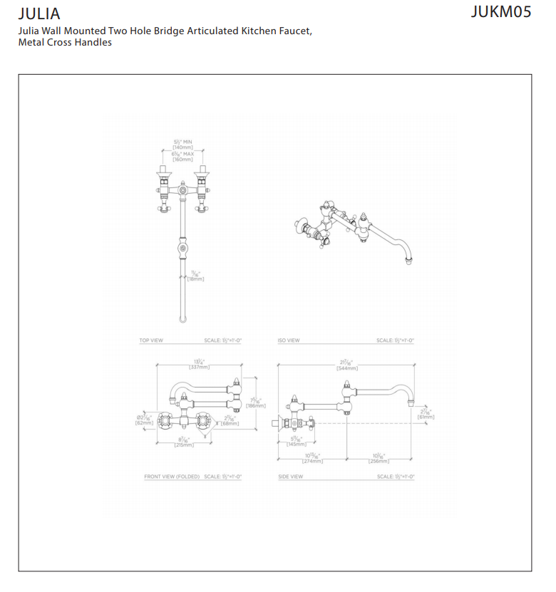 Waterworks Julia Wall Mounted Two Hole Bridge Articulated Kitchen Faucet with Chrome Metal Cross Handles - Perfect for Modern Farmhouse and Commercial Kitchens
