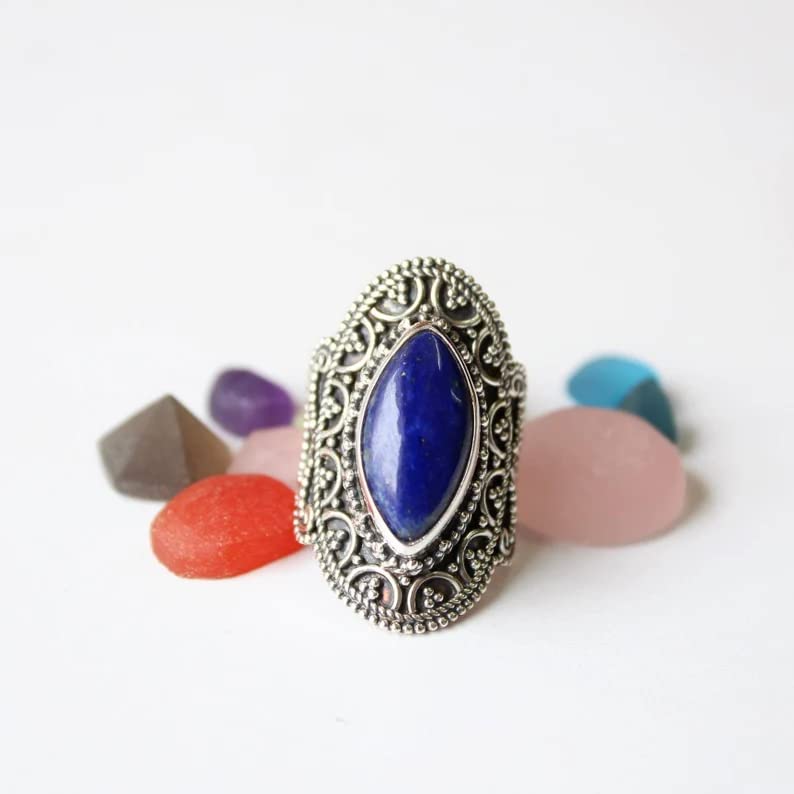 Lapis Lazuli Ring for Women - 925 Sterling Silver Boho Marquise Gemstone Ring | Handmade Blue Stone Statement Jewelry | Victorian Wedding Promise Ring, Mermaid Gift for Her/Him | Perfect for Boho Fashion, Bridal Accessories & Special Occasions