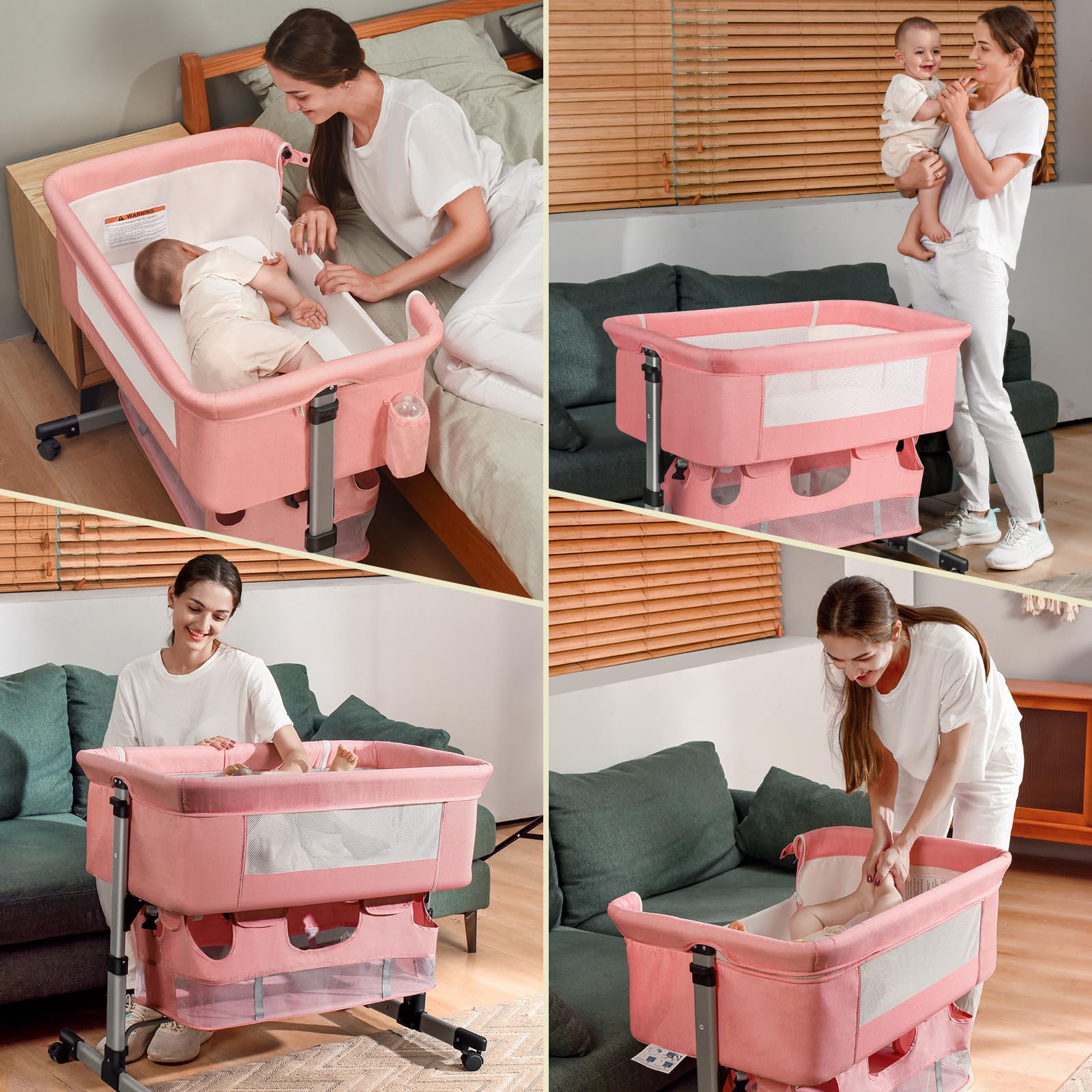 3-in-1 Adjustable Portable Baby Crib & Bassinet for Newborns - Convertible Bedside Sleeper with Wheels, Breathable Mesh (Pink) | Perfect for Nursery, Bedroom Co-Sleeping & Travel