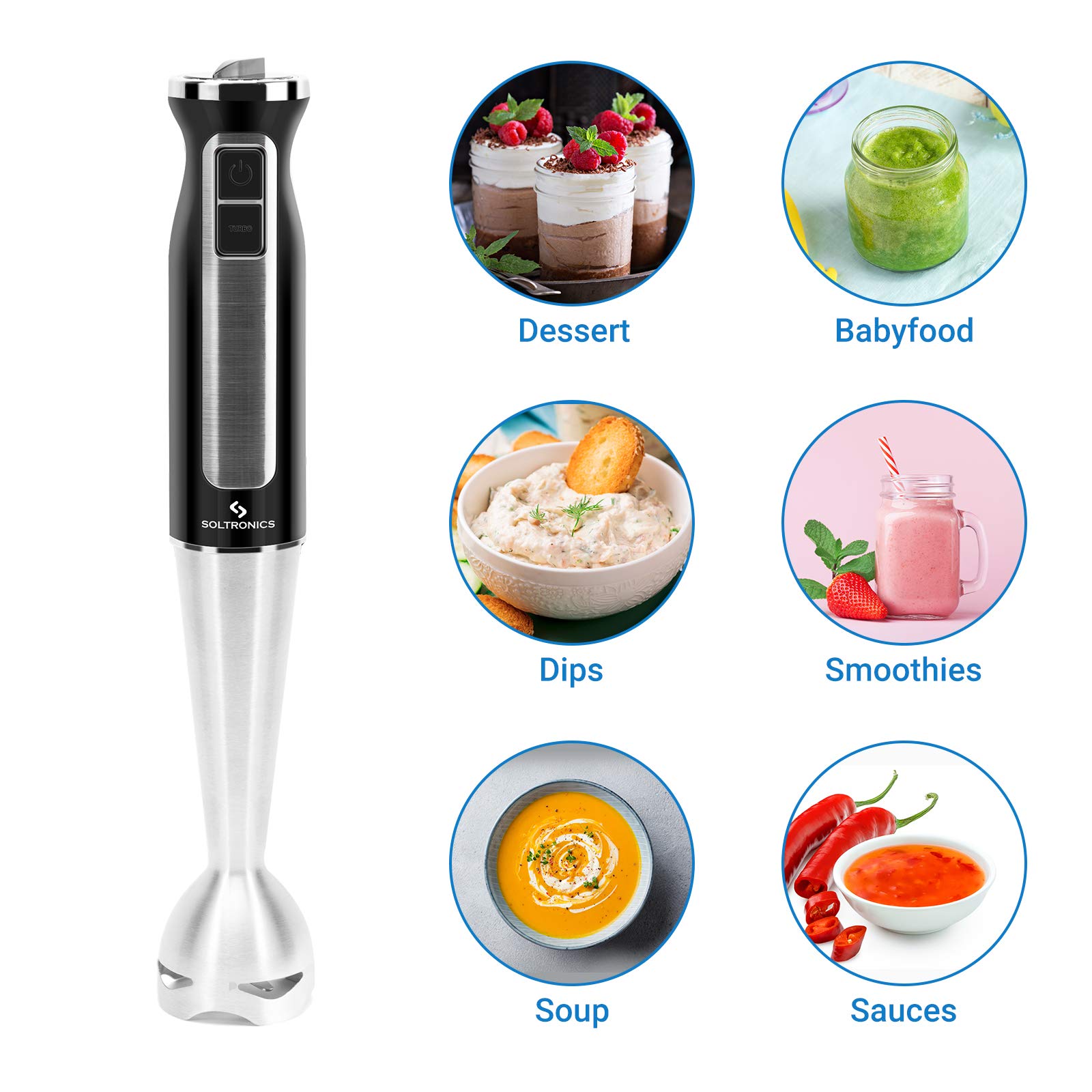 5-in-1 Hand Blender Set - 500W 8-Speed Immersion Blender with 860ml Food Grinder, 600ml Mixing Cup, Milk Frother & Egg Whisk - Perfect for Baby Food, Smoothies, Soups & Kitchen Prep - Black