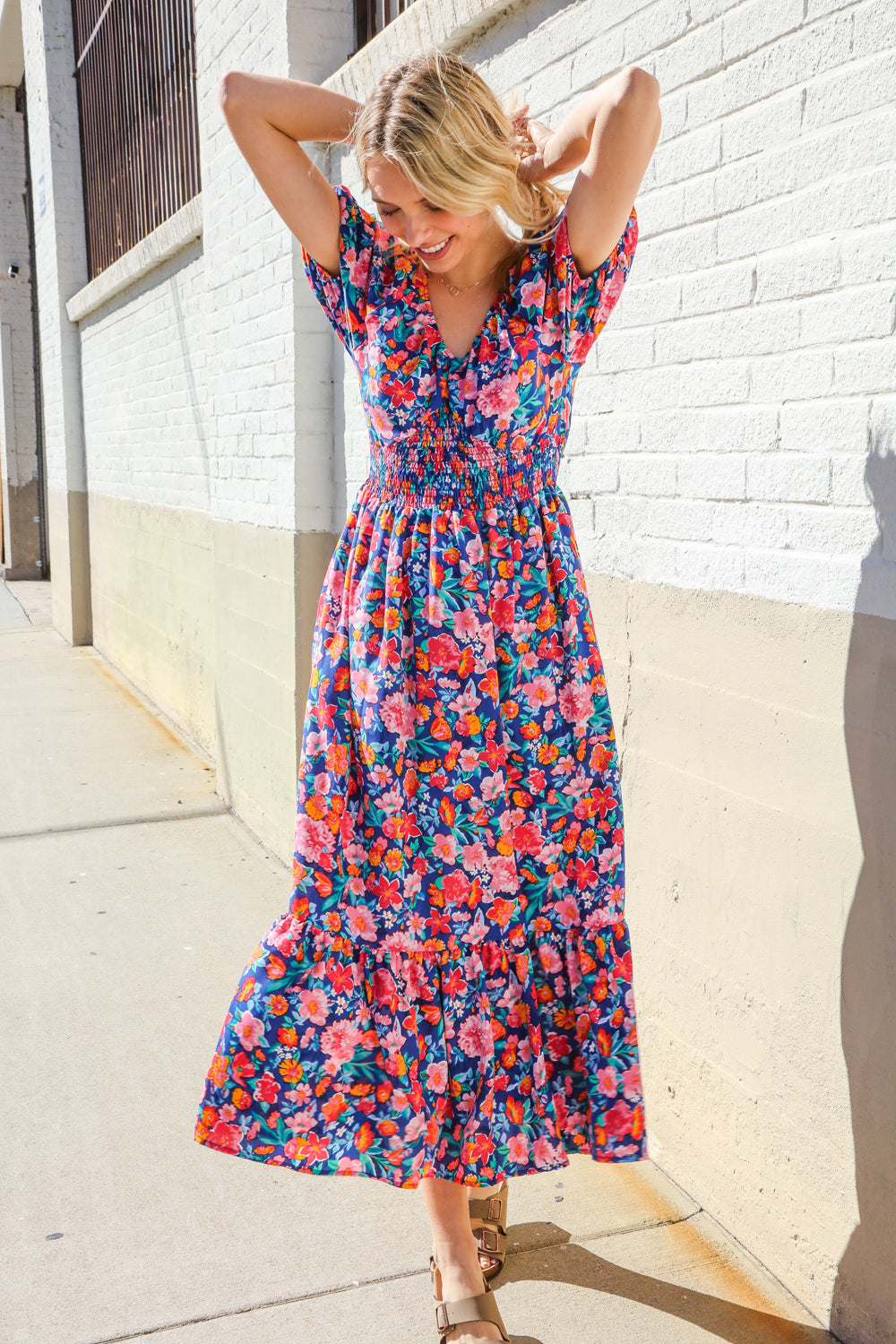 Blue Floral Puff Sleeve V-Neck Smocked Waist Maxi Dress - Romantic Ruffle Raglan Dress for Women | Perfect for Date Night, Wedding Guest Outfits & Summer Vacations