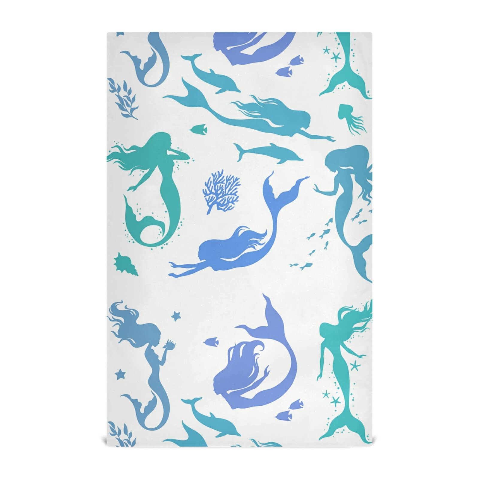 Turquoise Mermaid Silhouette Kitchen Dish Towel Set - 1 Polyester Waffle Weave Dishcloth with Hanging Loop, Hemmed Napkin & Tea Towel for Dish Drying, Hand Wiping & Bar Cleaning | Perfect for Coastal Themed Kitchens, Beach House Decor & Mermaid Lovers