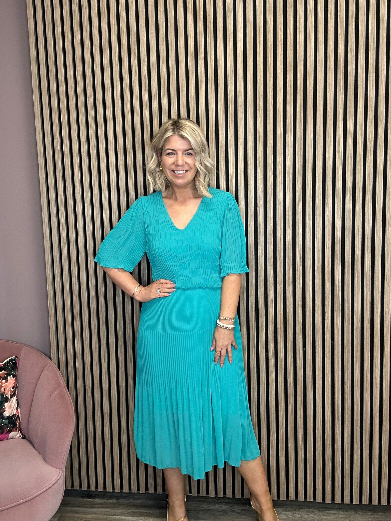 Layla Plisse Midi Dress - Green Flowy Ruffled Skirt for Women | Perfect for Summer Parties, Weddings & Casual Outings