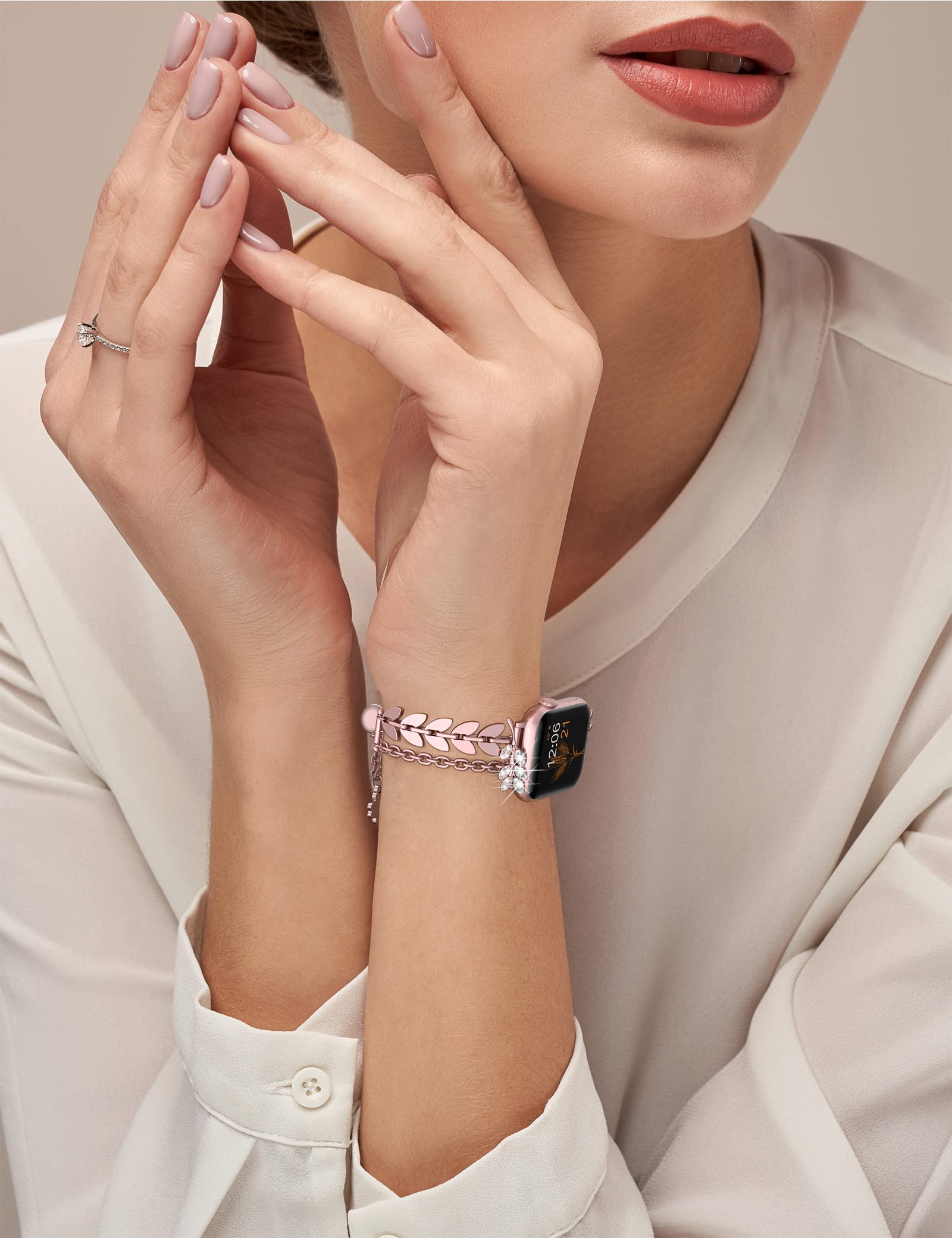 Sparkly Diamond Apple Watch Band 40mm 38mm 41mm 42mm - Bling Charm Bracelet Strap for Women, Compatible with iWatch Series 10/9/8/7/6/5/4/3/2/1/SE - Pink Gold Luxury Accessory for Work, Party & Everyday Wear