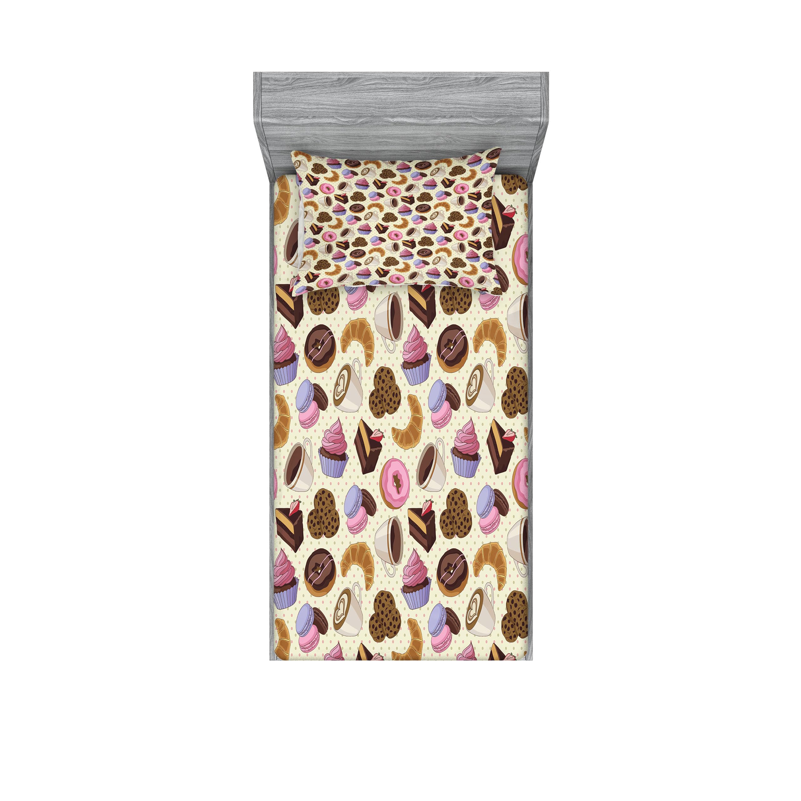 Ambesonne Coffee Themed Fitted Sheet & Pillow Sham Set - Barista Style with Cups, Cookies & Chocolate Art Print - 2 Piece Twin Size Bedding Set for Coffee Lovers - Perfect for Cafe-Themed Bedrooms & Gift Ideas