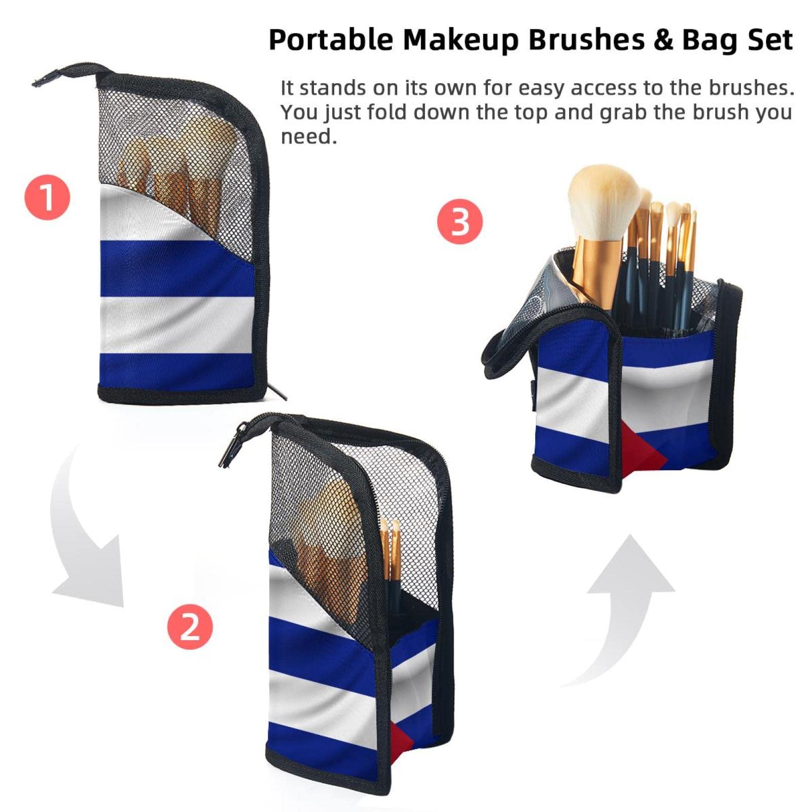 **12-Piece Makeup Brush Organizer Bag with Cuba Flag Pattern - Portable Travel Cosmetic Brush Holder Case for On-the-Go Beauty Touch-Ups**