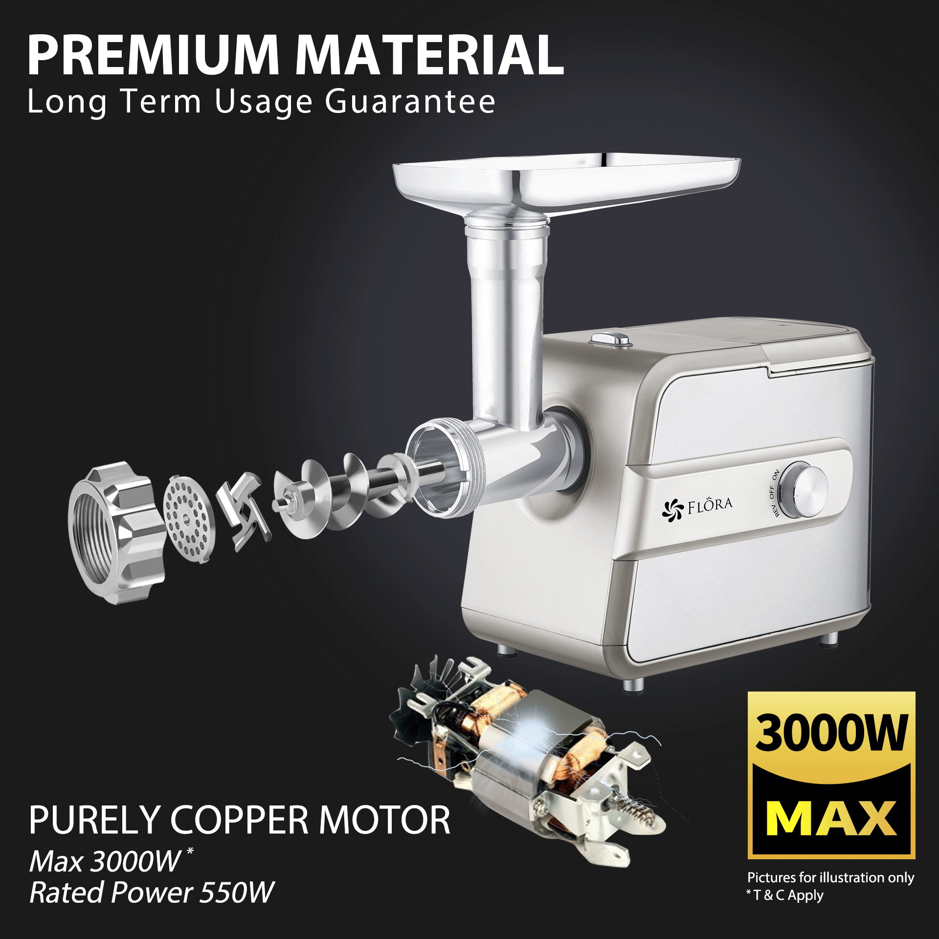 Flora Max 3000W Electric Meat Grinder & Sausage Stuffer Machine - Premium MGM GT550 Model for Home Kitchen & Commercial Use | Perfect for Making Sausages, Burgers, Kibbeh & Ground Meat
