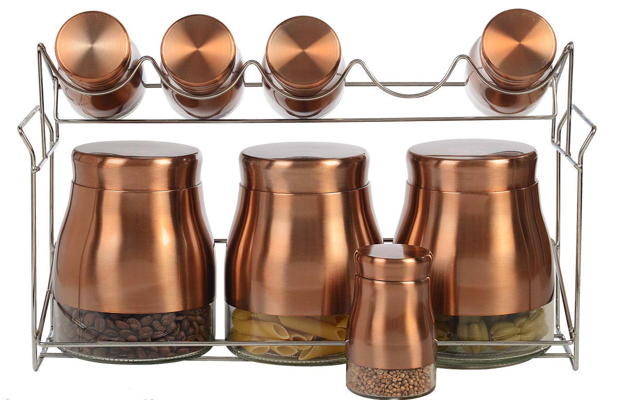 9-Piece Copper Stainless Steel & Glass Spice Jar Rack Set for Kitchen Counter Storage - Perfect for Organizing Spices, Herbs & Condiments in Modern Kitchens
