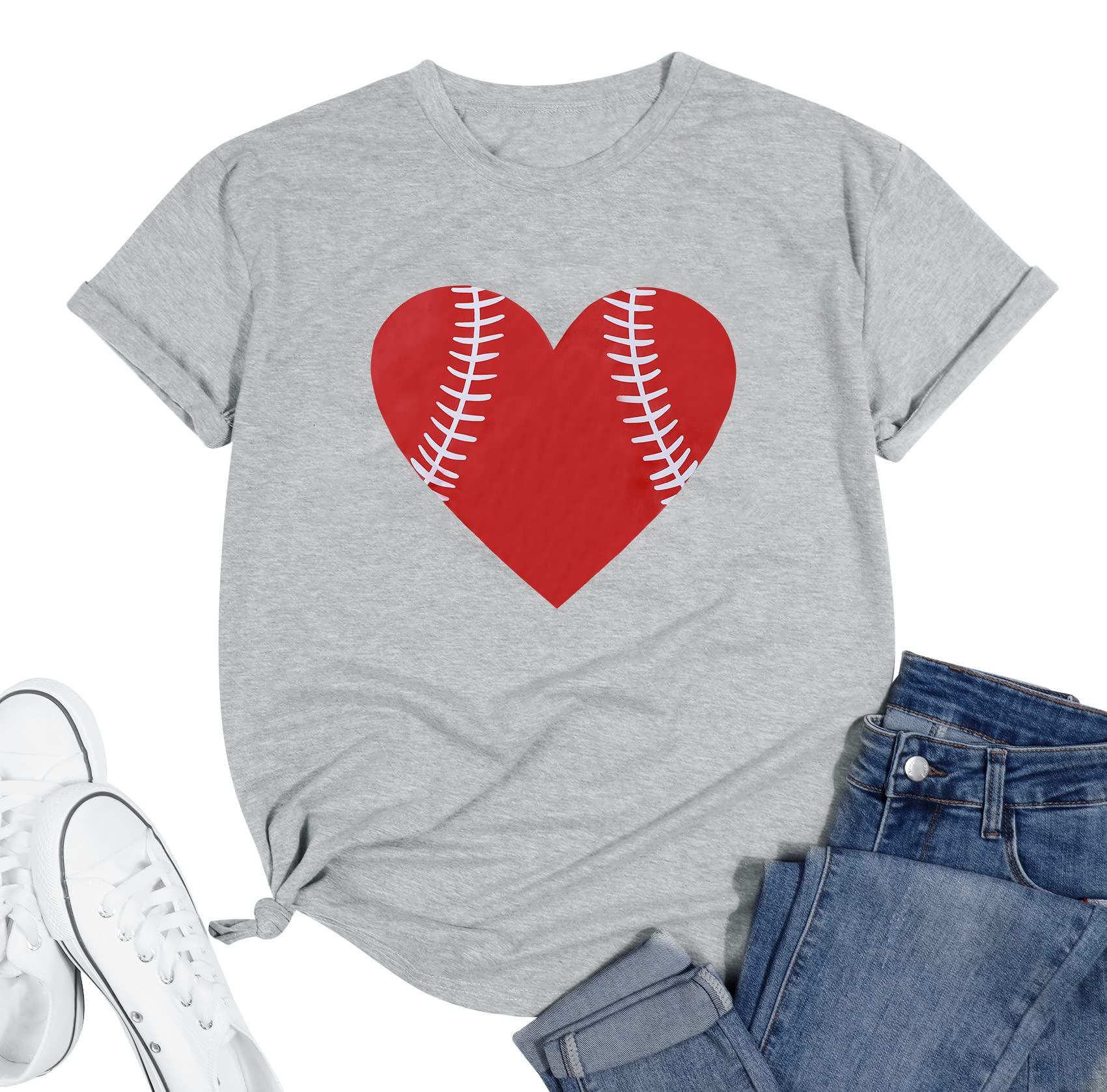 Women's Baseball Heart Graphic Tee - Short Sleeve Baseball Shirt for Game Day & Casual Wear - Soft Cotton Baseball-Themed T-Shirt for Women Fans, Players & Enthusiasts - Perfect for Games, Practices, and Everyday Outfits