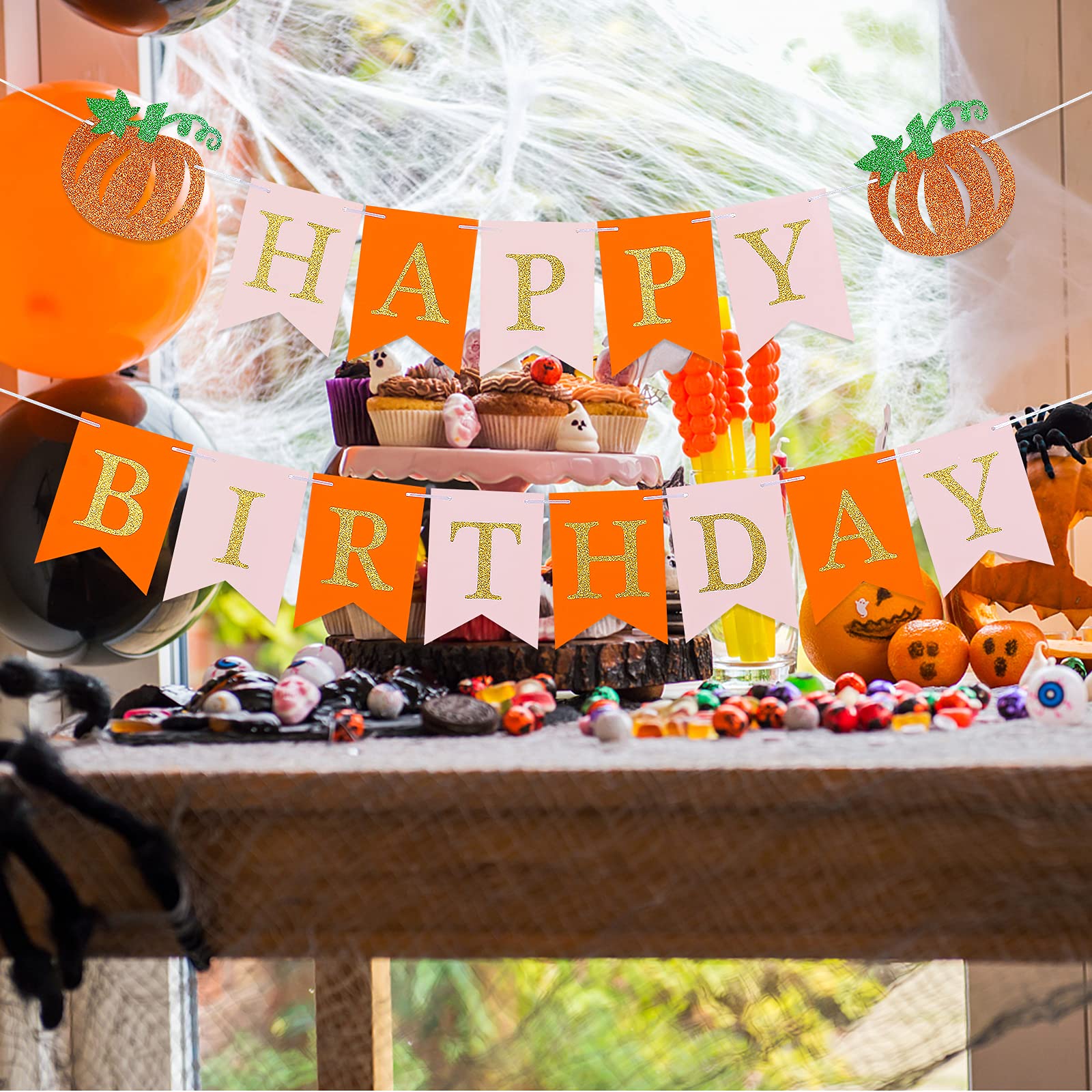 Pink Gold Pumpkin Happy Birthday Banner - Fall Pumpkin Themed Party Decor for Girls | Perfect for Autumn Birthday Celebrations & Halloween Decorations