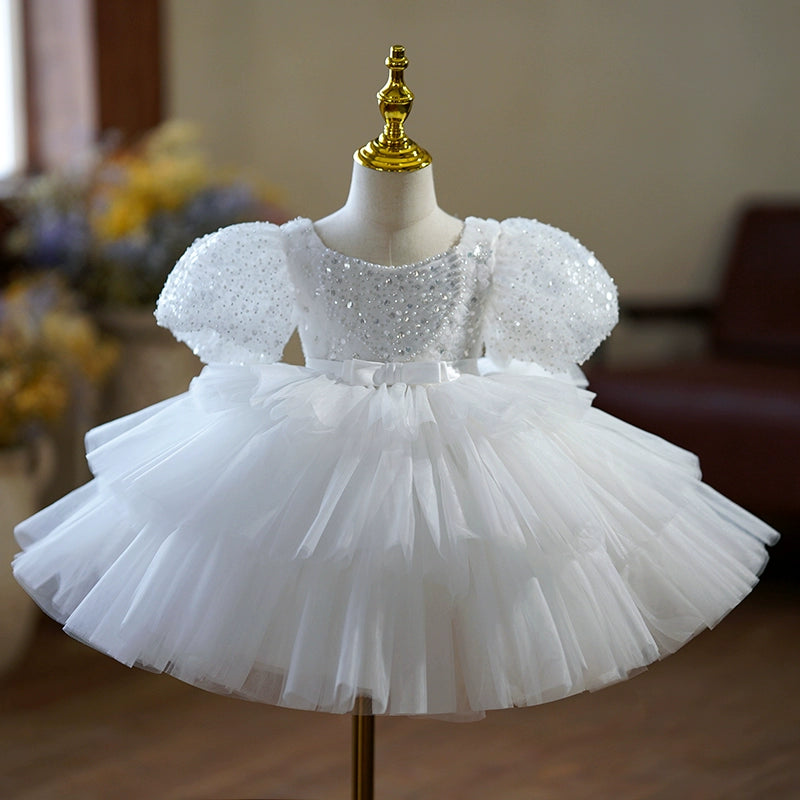 Princess Scoop Neck Tea Length Tulle Flower Girl Dress - White Bridesmaid Dress for Weddings, Flower Girls, and Special Occasions