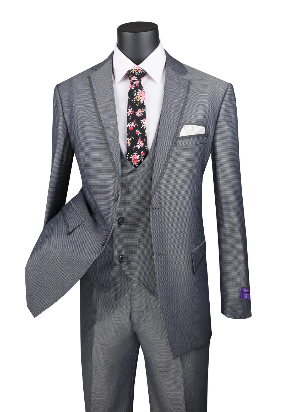 Modern Fit Charcoal Vested Suit with Peak Lapel & Fancy Vest | Business Formal Attire for Weddings, Interviews & Office Wear