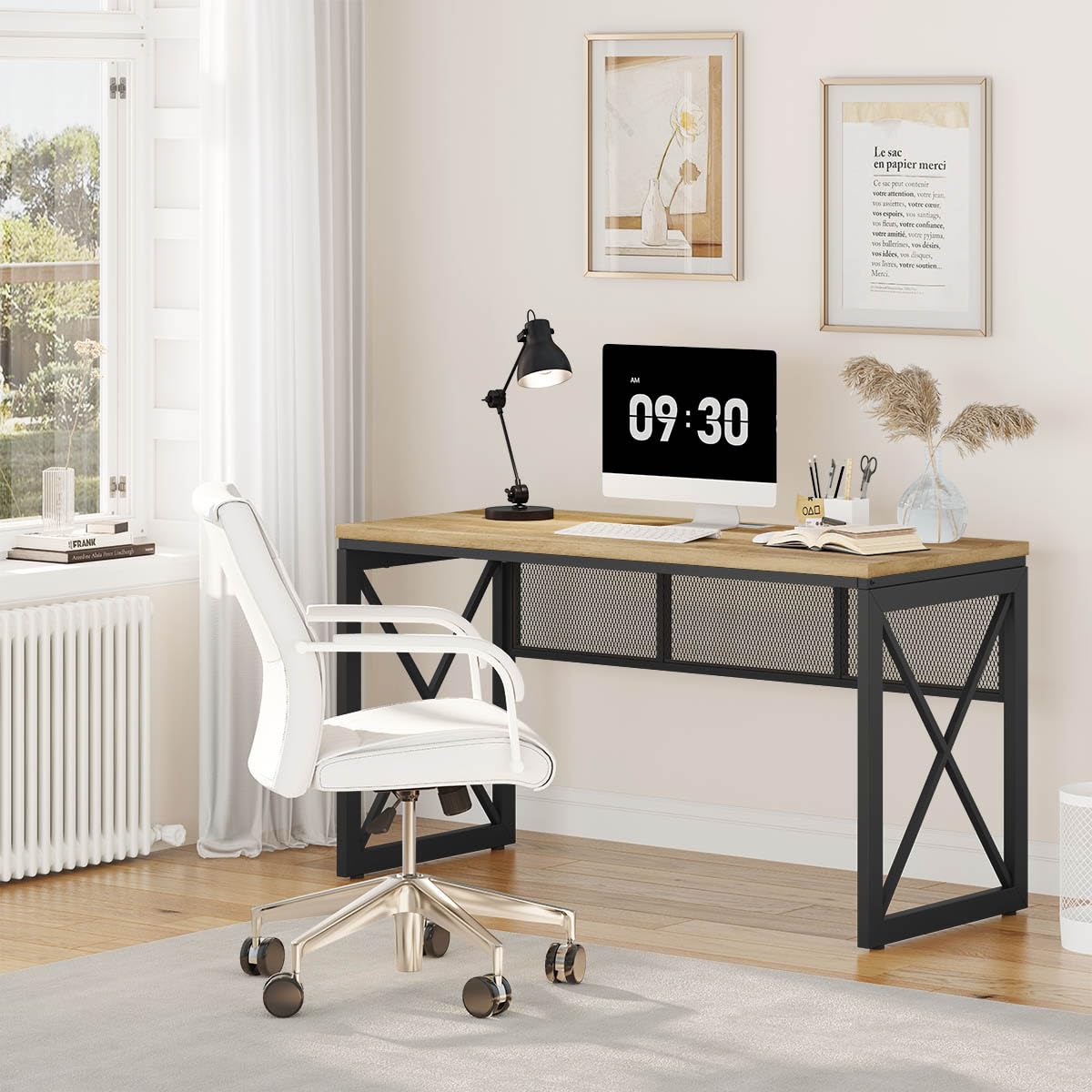 BON AUGURE 54 Inch Farmhouse Computer Desk - Modern Industrial Home Office Desk with Wood Metal Design, Sturdy Study Writing Table & Gaming Desk (Vintage Oak) - Perfect for Small Spaces, Home Office, Dorm Room & Gaming Setup