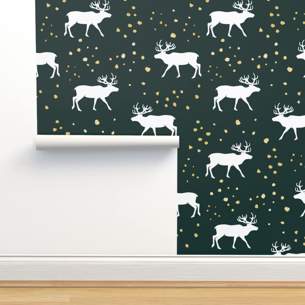 Peel & Stick Wallpaper 9ft x 2ft - Holiday Woodland Green Christmas Gold Deer Pattern | Removable Self-Adhesive Wallpaper for Festive Home Decor, Bedroom, Living Room & Office | Easy DIY Installation
