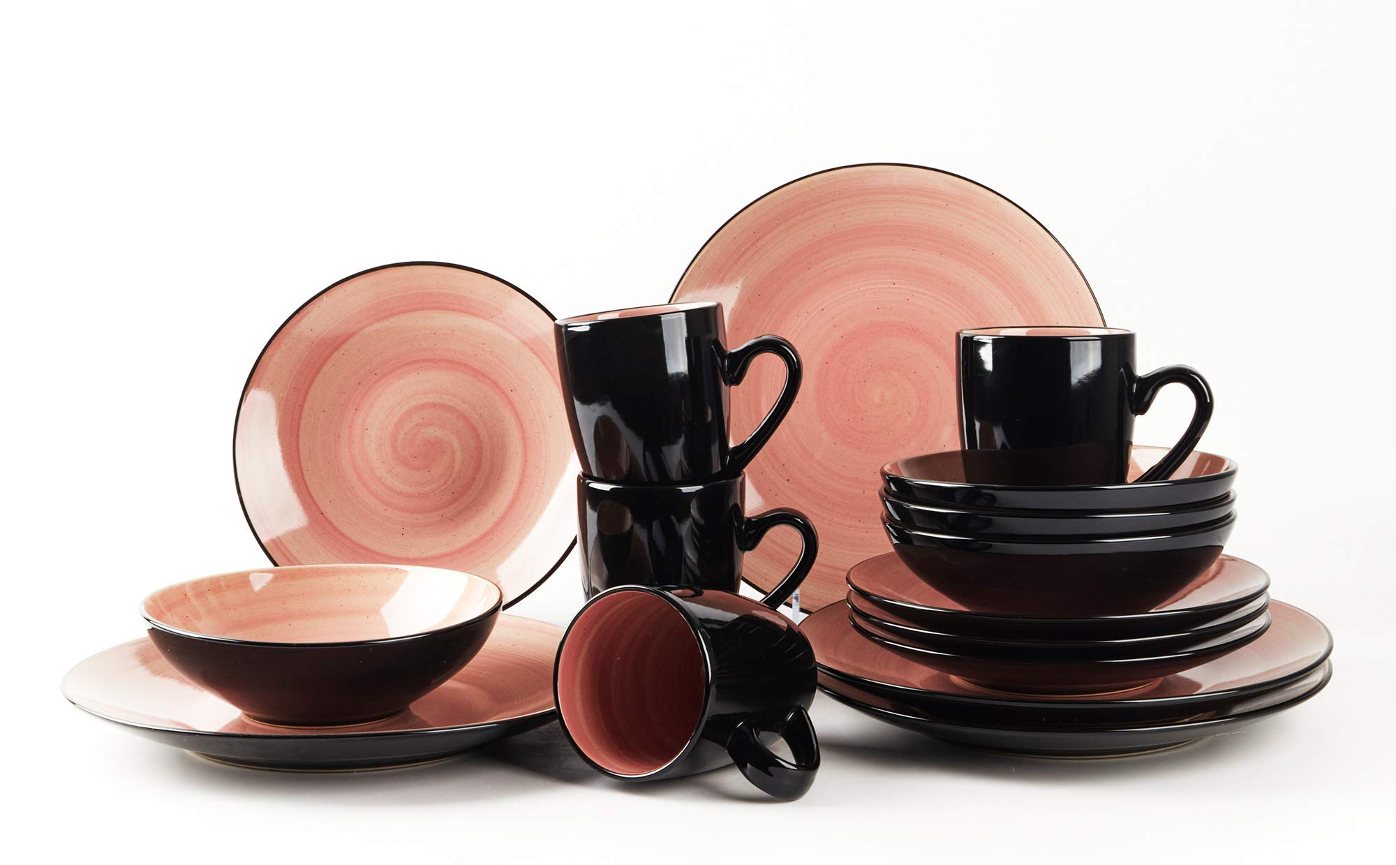 Sonoma Stoneware 16-Piece Dinnerware Set - Black Exterior with Hand-Painted Rose Interior | Elegant Table Setting for Dinner Parties & Home Decor