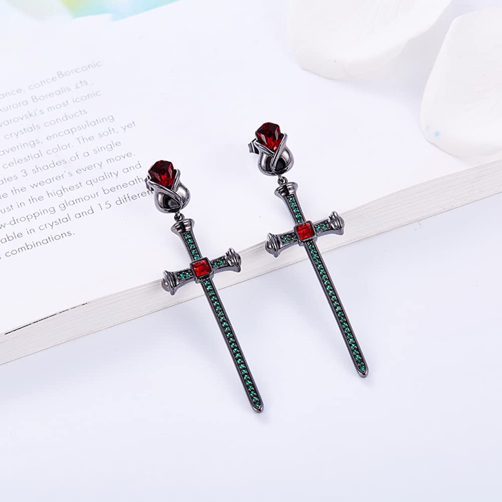 Black Rose Flower Earrings with Cross Dangle - Vintage Dark Rose Stud Earrings for Women, Red & Green Crystal Jewelry Gift | Perfect for Gothic Fashion, Evening Parties & Unique Gift Giving